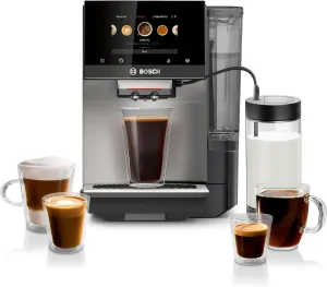 Bosch TPU60501 800 Series VeroCafe Fully Automatic Espresso Machine with Home Connect, Glass Milk Container, 36 Beverage Varieties with Coffee World, Double Cup, in Metallic Silver