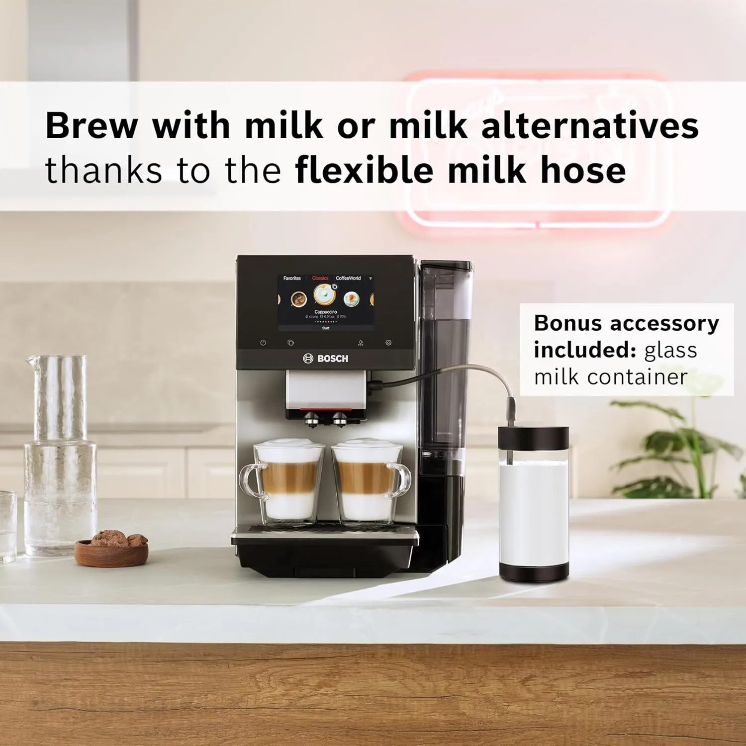 Bosch TPU60501 800 Series VeroCafe Fully Automatic Espresso Machine with Home Connect, Glass Milk Container, 36 Beverage Varieties with Coffee World, Double Cup, in Metallic Silver
