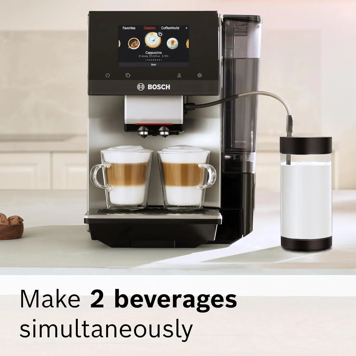 Bosch TPU60501 800 Series VeroCafe Fully Automatic Espresso Machine with Home Connect, Glass Milk Container, 36 Beverage Varieties with Coffee World, Double Cup, in Metallic Silver