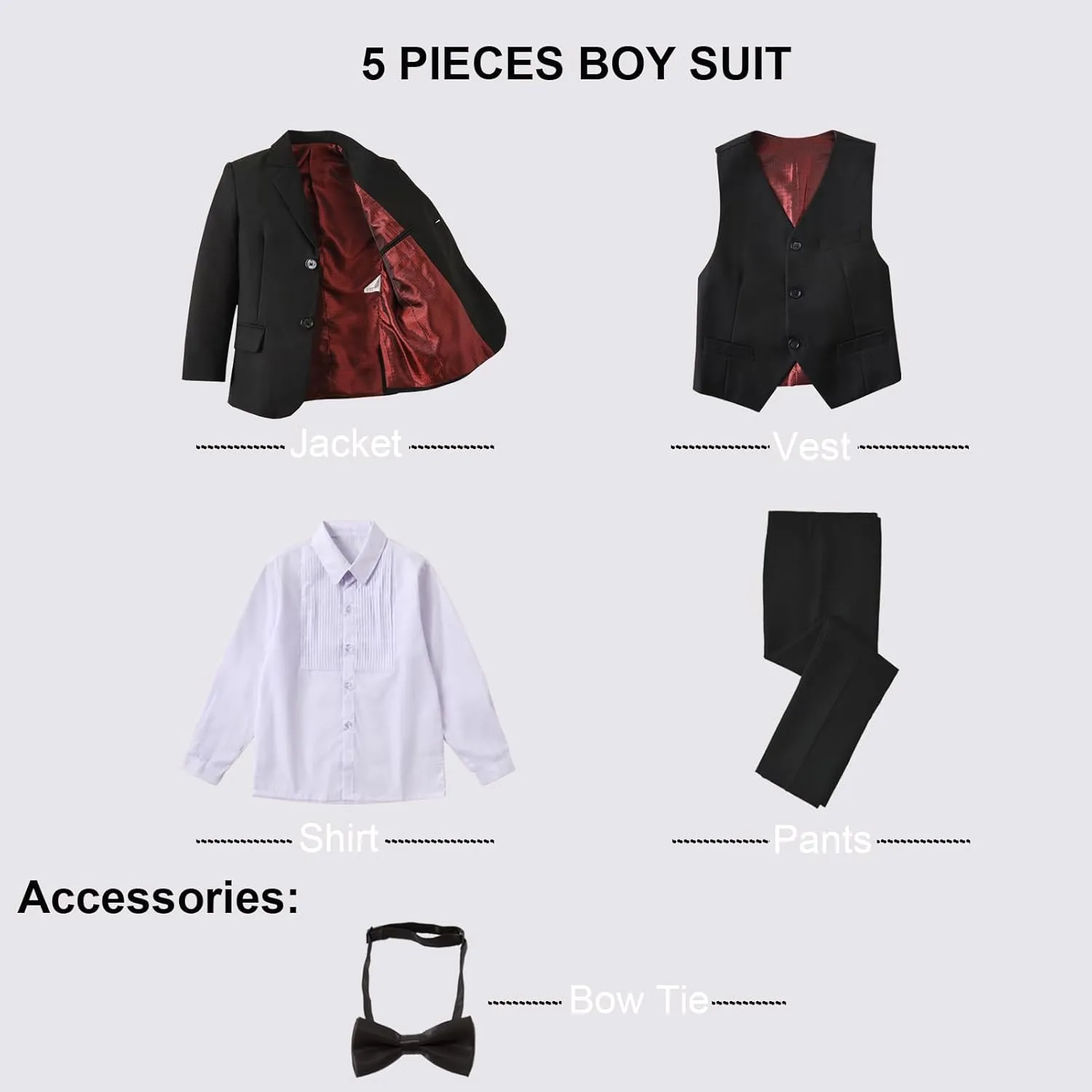 Boy Suits 5 Pieces Formal Suit Set with Adjustable Waist Kids Dress Suit for Wedding Prom