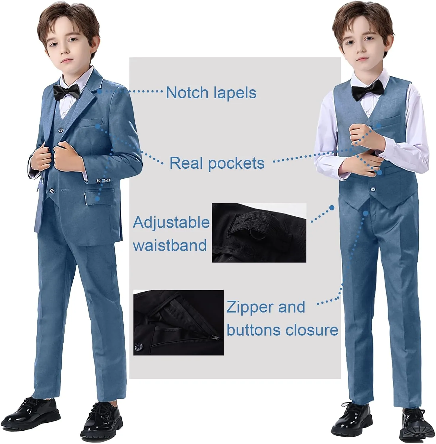 Boy Suits 5 Pieces Formal Suit Set with Adjustable Waist Kids Dress Suit for Wedding Prom