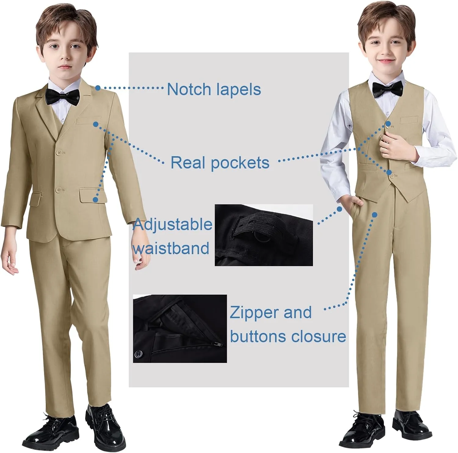 Boy Suits 5 Pieces Formal Suit Set with Adjustable Waist Kids Dress Suit for Wedding Prom