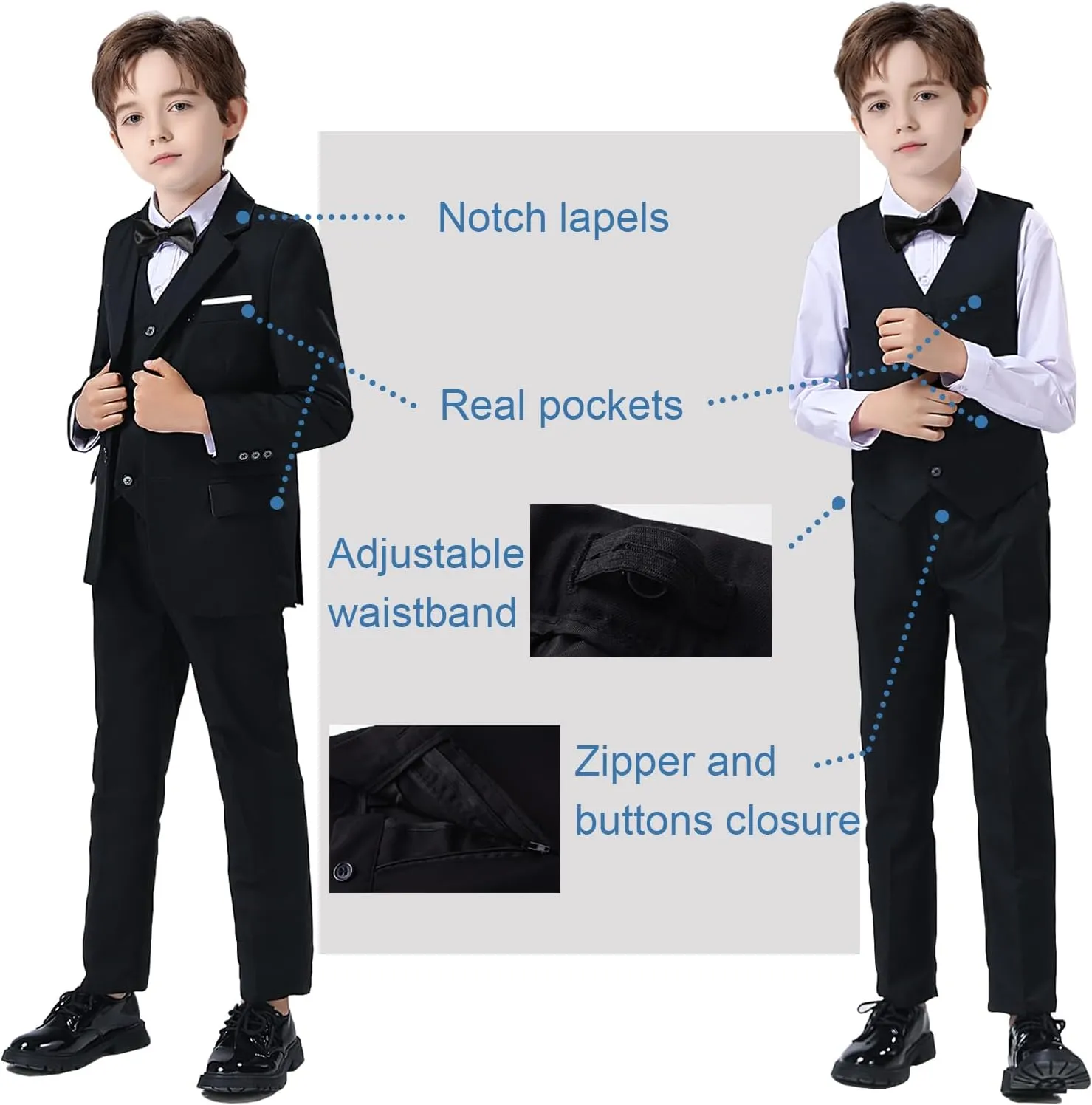 Boy Suits 5 Pieces Formal Suit Set with Adjustable Waist Kids Dress Suit for Wedding Prom