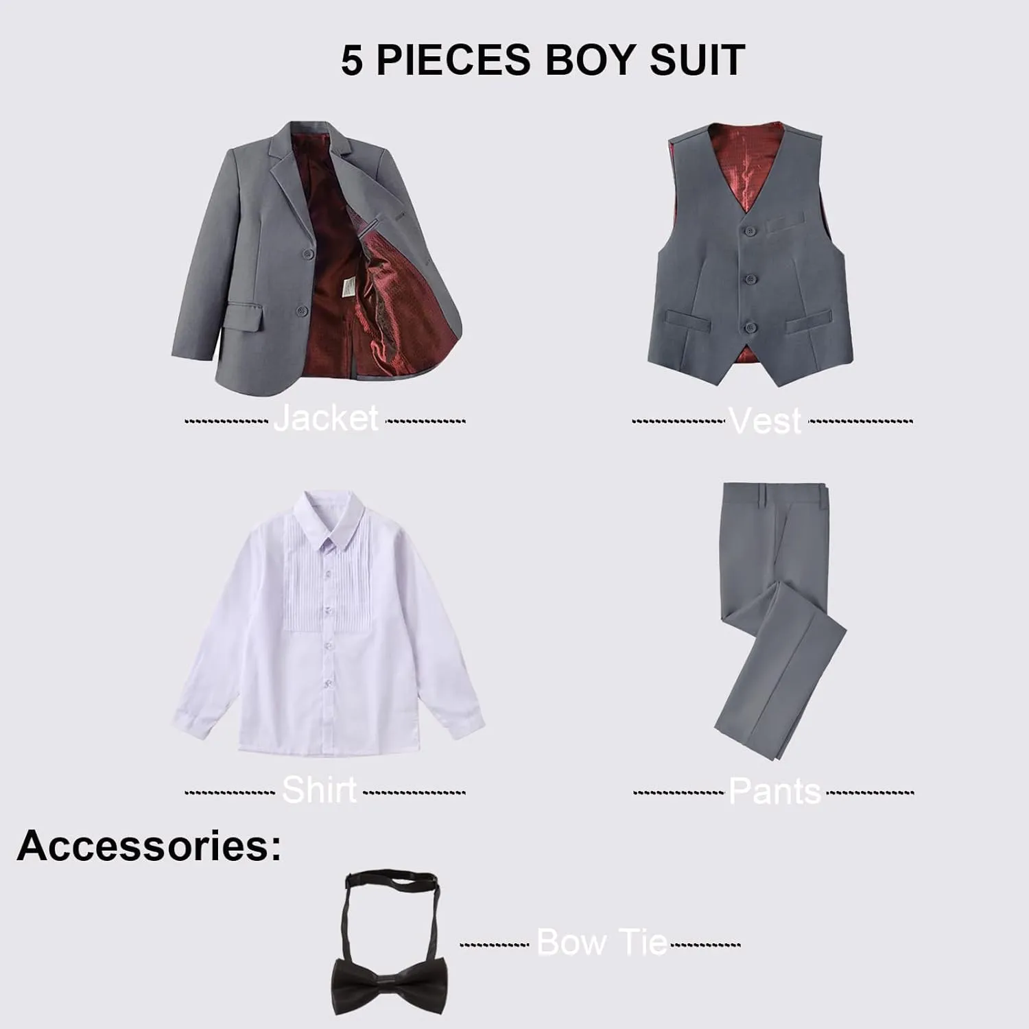 Boy Suits 5 Pieces Formal Suit Set with Adjustable Waist Kids Dress Suit for Wedding Prom