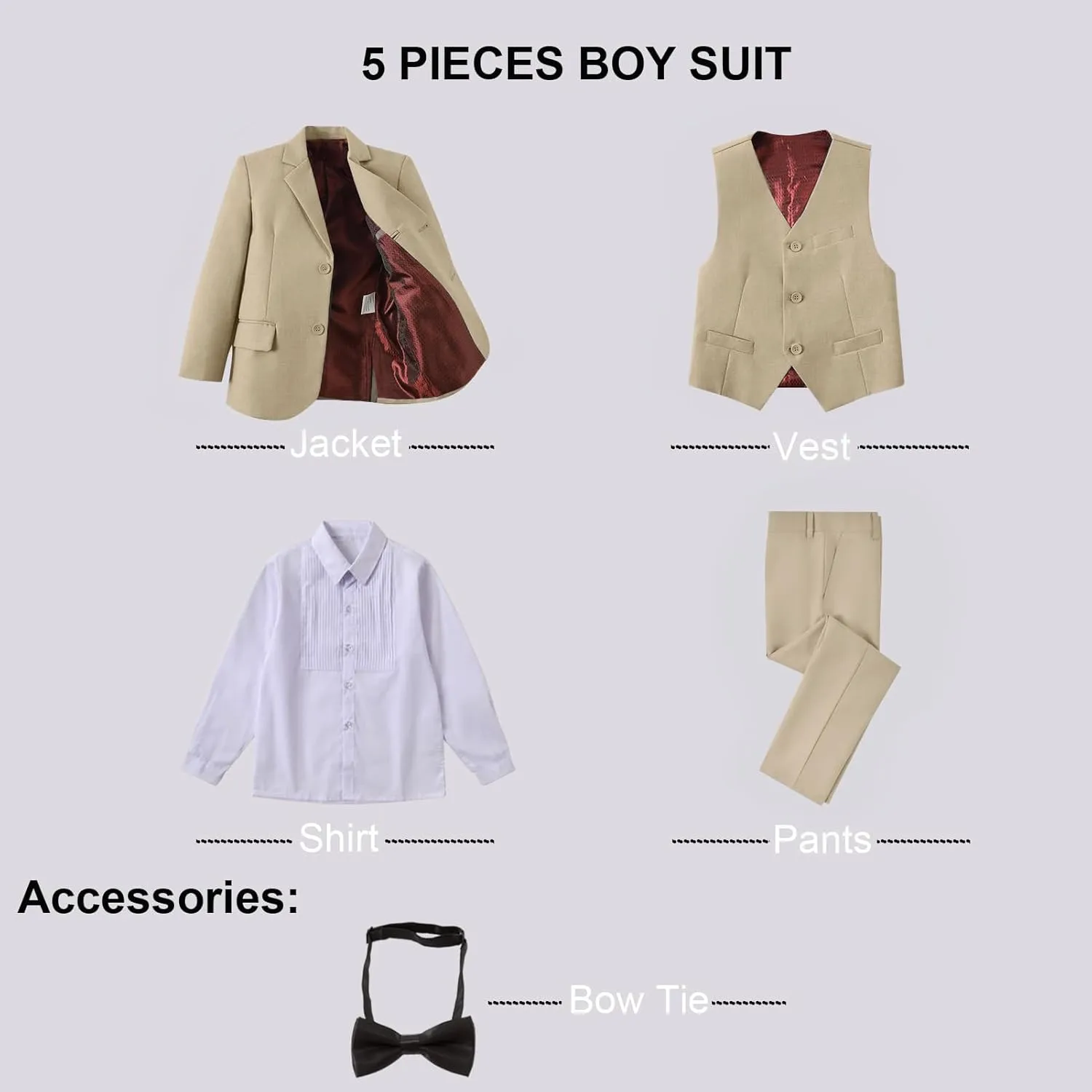 Boy Suits 5 Pieces Formal Suit Set with Adjustable Waist Kids Dress Suit for Wedding Prom