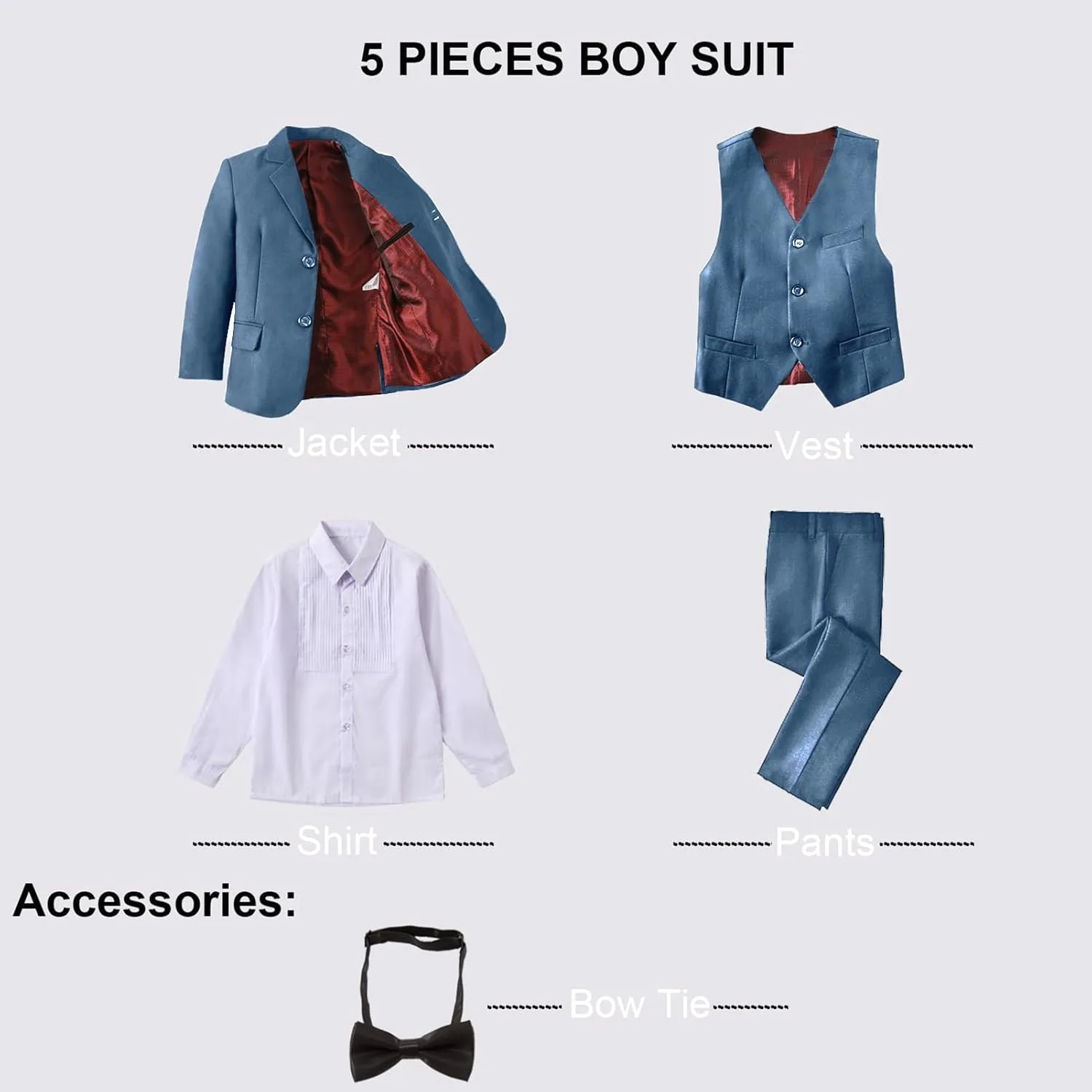 Boy Suits 5 Pieces Formal Suit Set with Adjustable Waist Kids Dress Suit for Wedding Prom