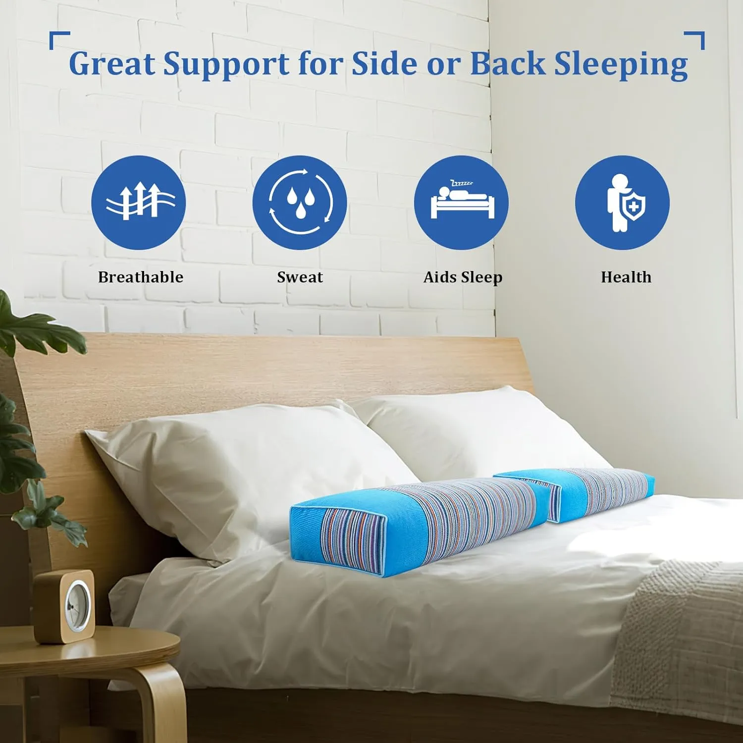 Buckwheat Pillow & Cervical Pillows for Sleeping（21x8x3inch） 100% Organic Coarse Cloth Package w Organic Buckwheat Hulls， Natural Cooling Technology and Relieve Cervical Pain. (Blue)