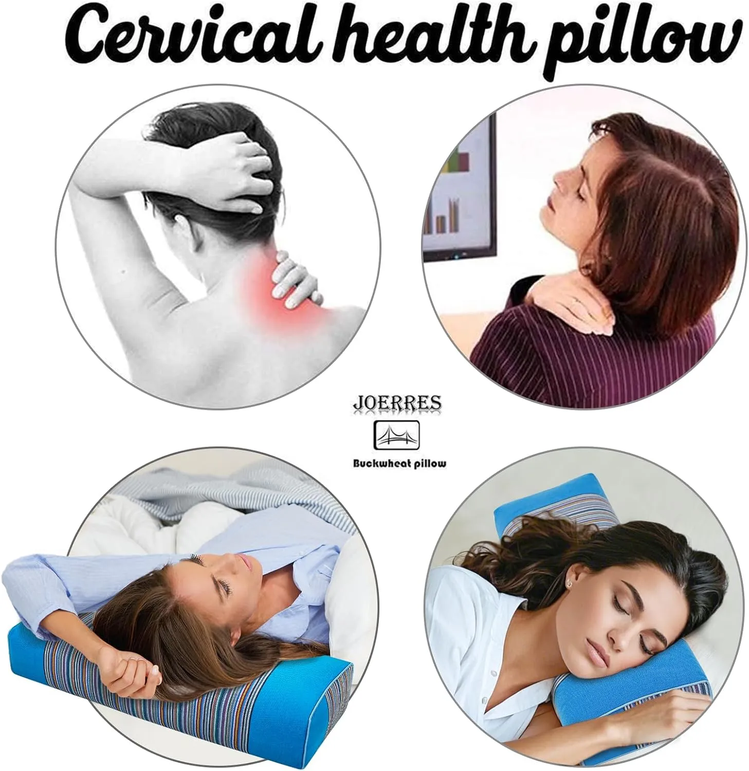 Buckwheat Pillow & Cervical Pillows for Sleeping（21x8x3inch） 100% Organic Coarse Cloth Package w Organic Buckwheat Hulls， Natural Cooling Technology and Relieve Cervical Pain. (Blue)