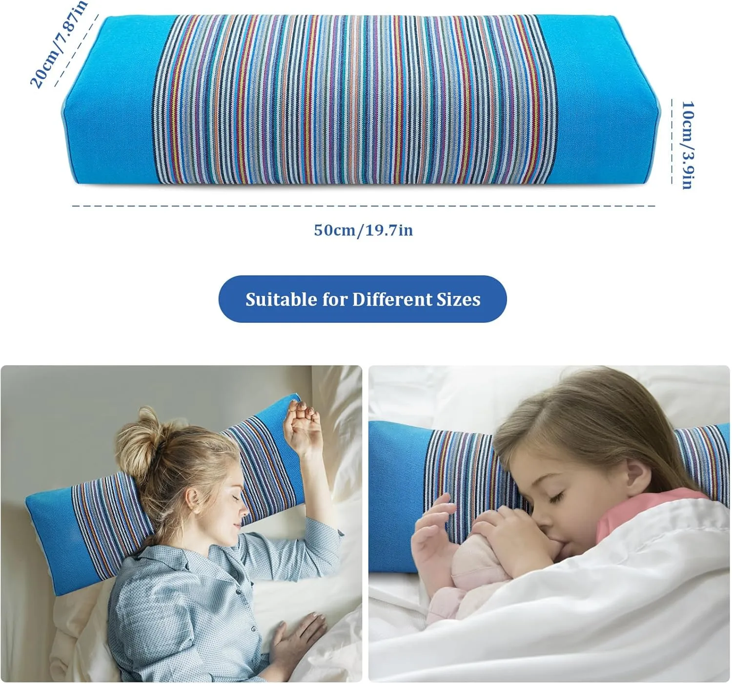 Buckwheat Pillow & Cervical Pillows for Sleeping（21x8x3inch） 100% Organic Coarse Cloth Package w Organic Buckwheat Hulls， Natural Cooling Technology and Relieve Cervical Pain. (Blue)