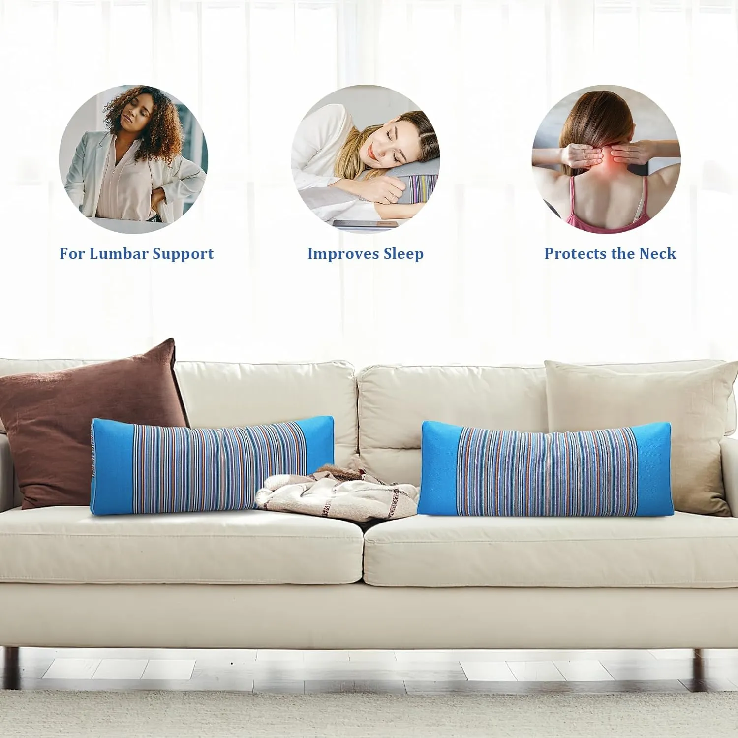 Buckwheat Pillow & Cervical Pillows for Sleeping（21x8x3inch） 100% Organic Coarse Cloth Package w Organic Buckwheat Hulls， Natural Cooling Technology and Relieve Cervical Pain. (Blue)