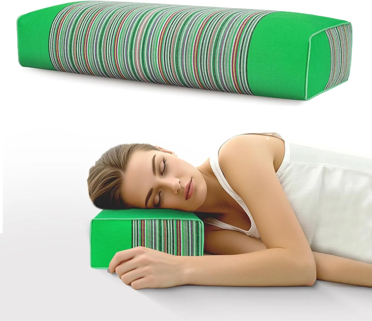 Buckwheat Pillow & Cervical Pillows for Sleeping（21x8x3inch） 100% Organic Coarse Cloth Package w Organic Buckwheat Hulls， Natural Cooling Technology and Relieve Cervical Pain. (Green)