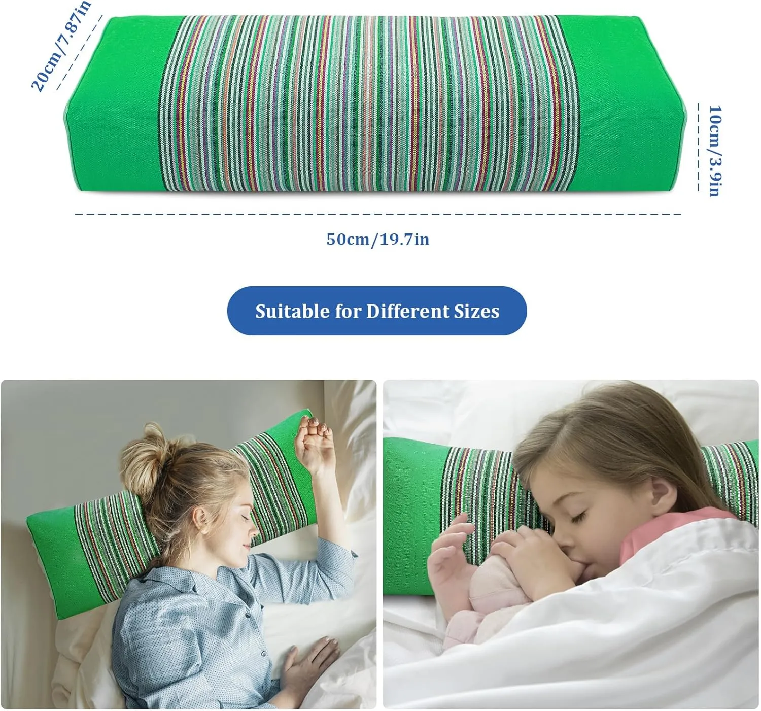 Buckwheat Pillow & Cervical Pillows for Sleeping（21x8x3inch） 100% Organic Coarse Cloth Package w Organic Buckwheat Hulls， Natural Cooling Technology and Relieve Cervical Pain. (Green)
