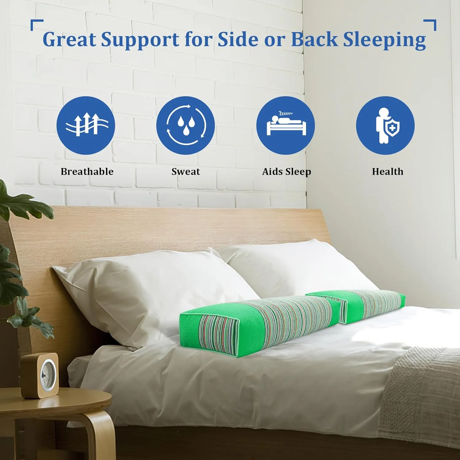 Buckwheat Pillow & Cervical Pillows for Sleeping（21x8x3inch） 100% Organic Coarse Cloth Package w Organic Buckwheat Hulls， Natural Cooling Technology and Relieve Cervical Pain. (Green)