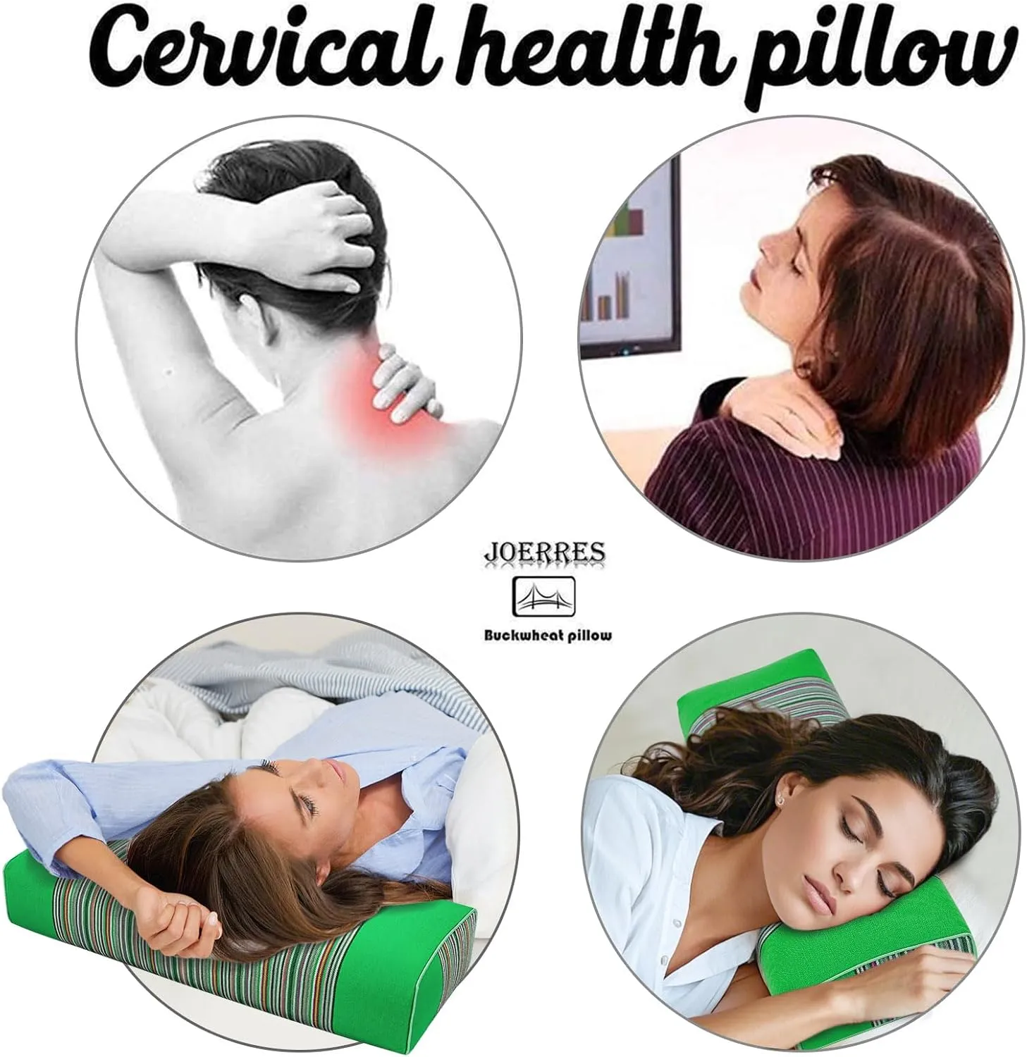 Buckwheat Pillow & Cervical Pillows for Sleeping（21x8x3inch） 100% Organic Coarse Cloth Package w Organic Buckwheat Hulls， Natural Cooling Technology and Relieve Cervical Pain. (Green)