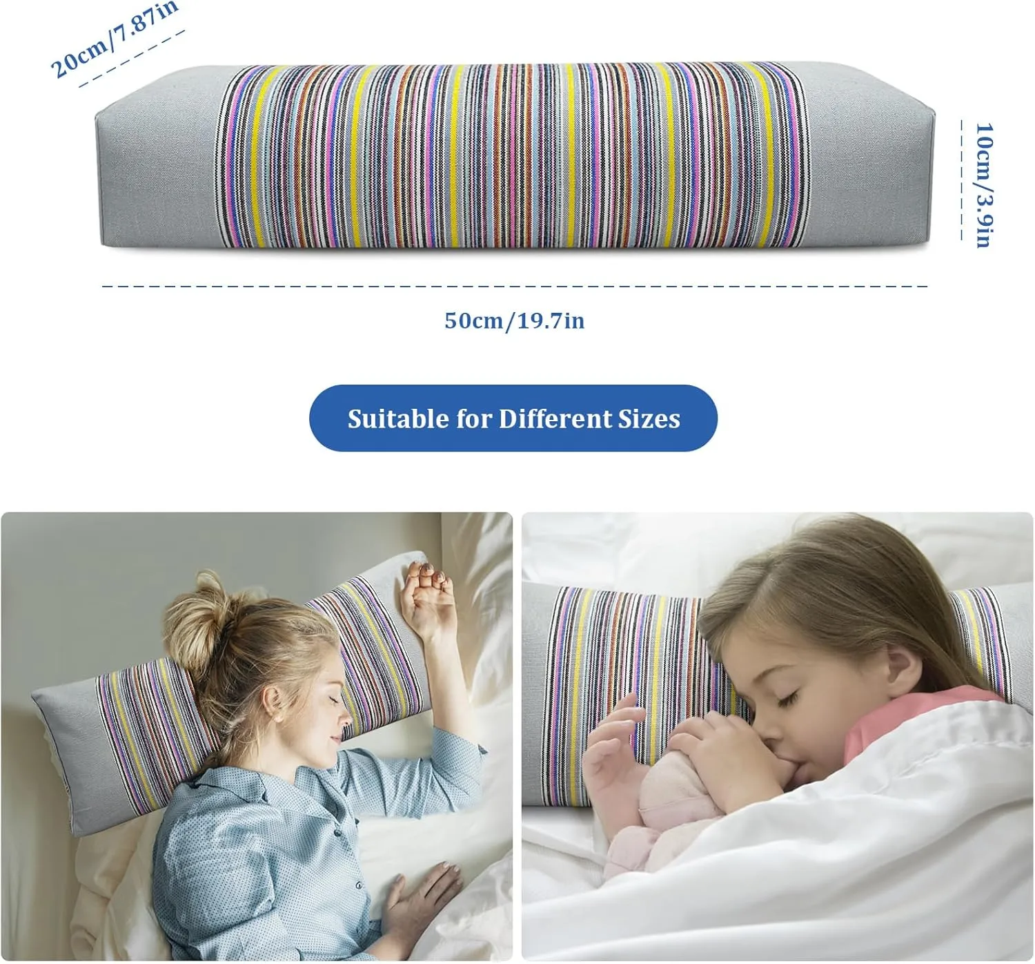 Buckwheat Pillow & Cervical Pillows for Sleeping（21x8x3inch） 100% Organic Coarse Cloth Package w Organic Buckwheat Hulls， Natural Cooling Technology and Relieve Cervical Pain. (Grey)