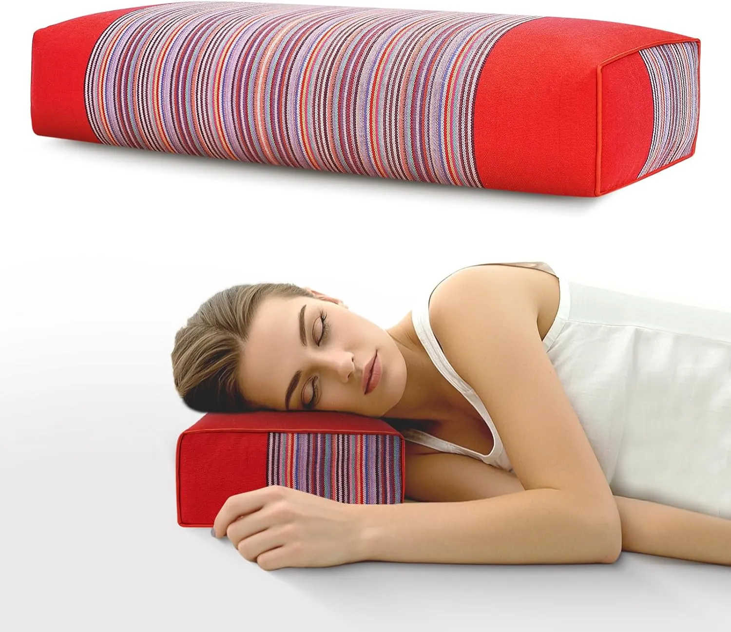 Buckwheat Pillow & Cervical Pillows for Sleeping（21x8x3inch） 100% Organic Coarse Cloth Package w Organic Buckwheat Hulls， Natural Cooling Technology and Relieve Cervical Pain. (Red)