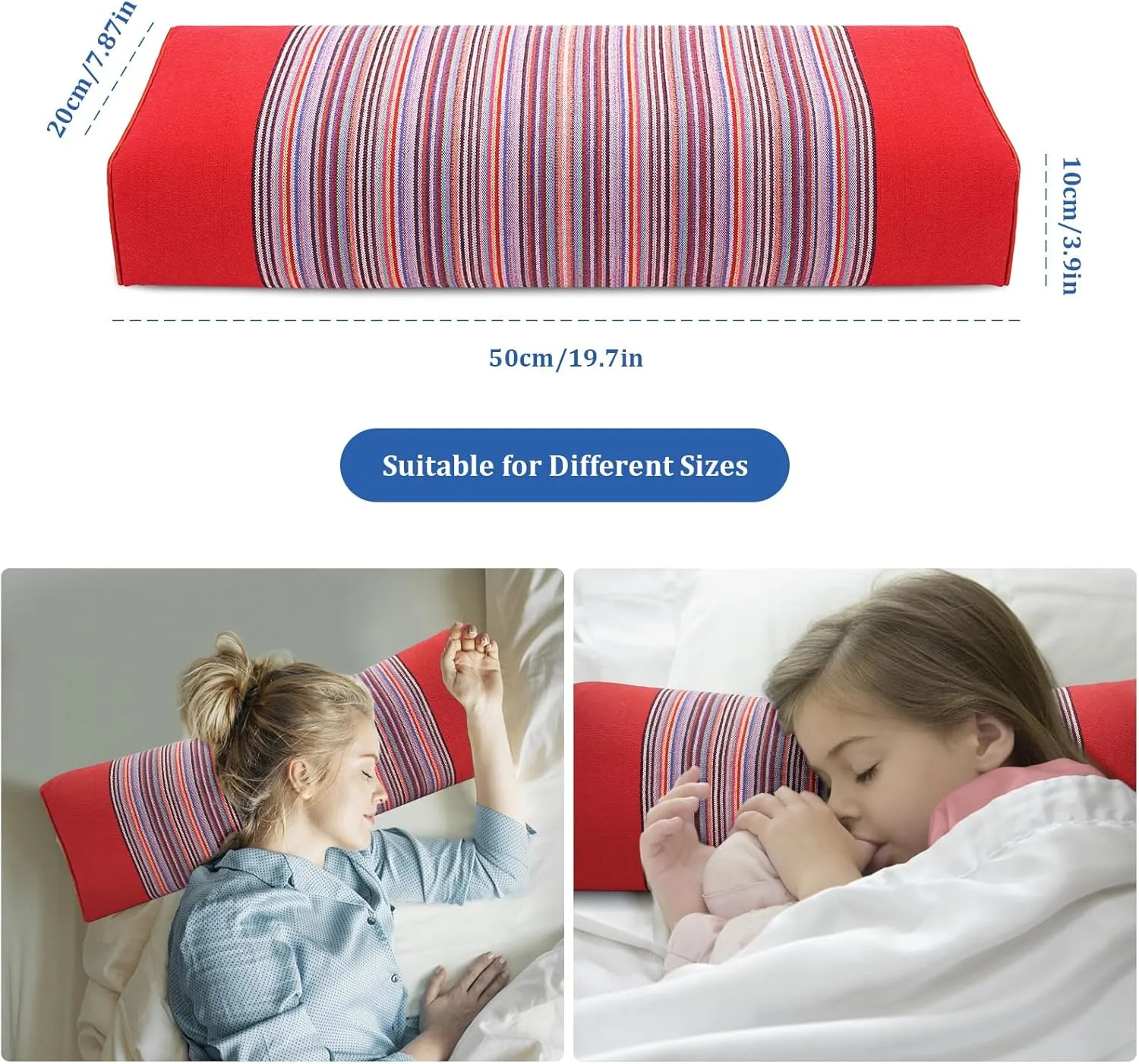 Buckwheat Pillow & Cervical Pillows for Sleeping（21x8x3inch） 100% Organic Coarse Cloth Package w Organic Buckwheat Hulls， Natural Cooling Technology and Relieve Cervical Pain. (Red)