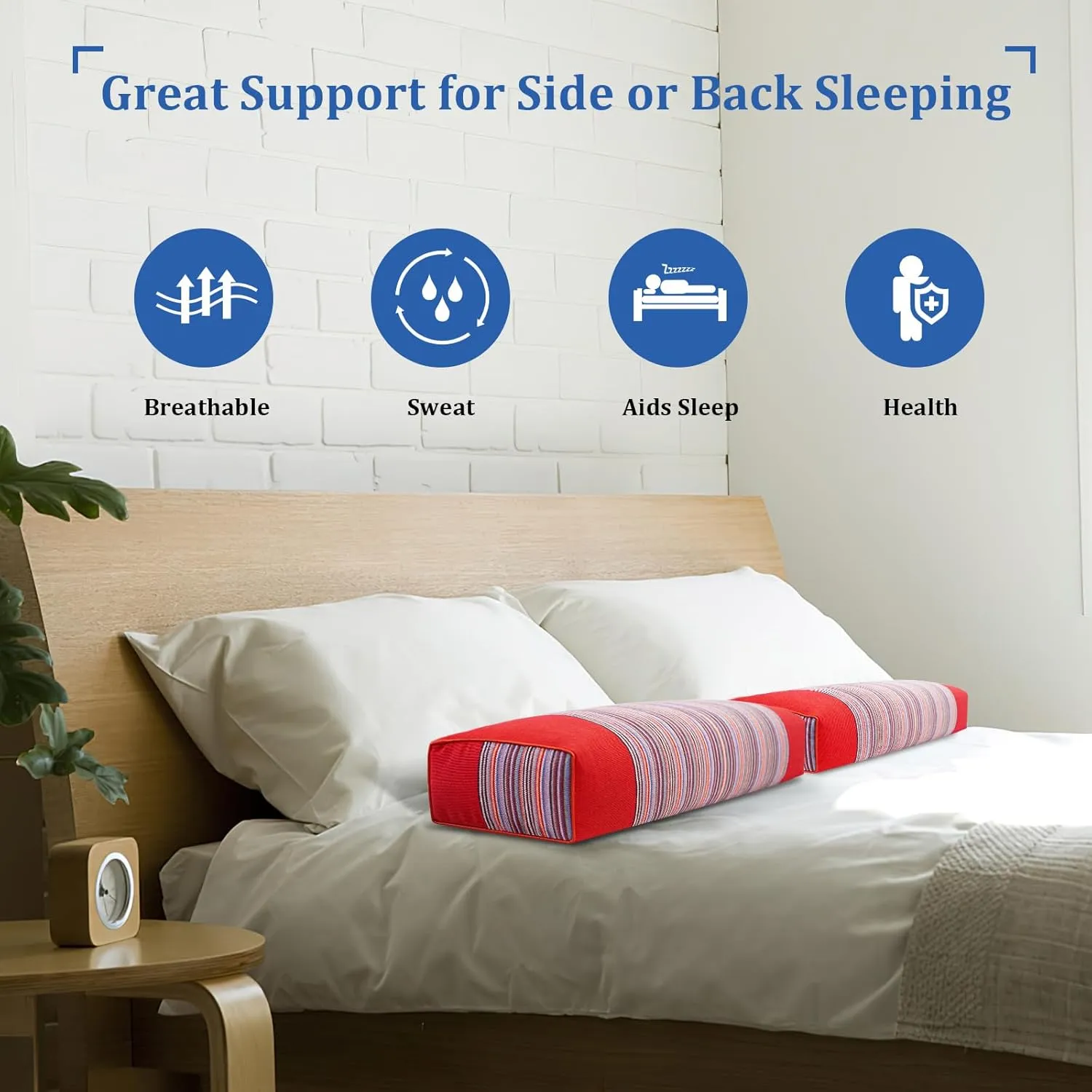 Buckwheat Pillow & Cervical Pillows for Sleeping（21x8x3inch） 100% Organic Coarse Cloth Package w Organic Buckwheat Hulls， Natural Cooling Technology and Relieve Cervical Pain. (Red)