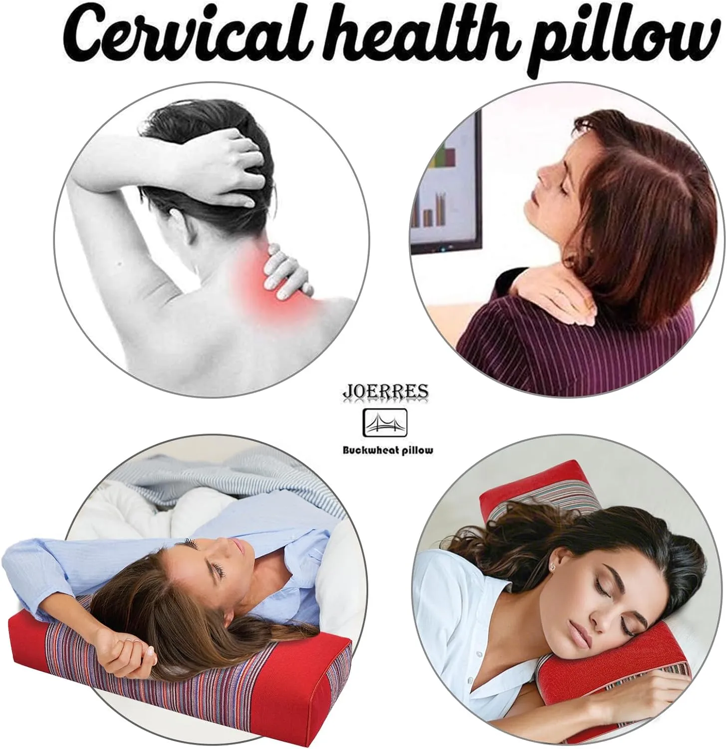 Buckwheat Pillow & Cervical Pillows for Sleeping（21x8x3inch） 100% Organic Coarse Cloth Package w Organic Buckwheat Hulls， Natural Cooling Technology and Relieve Cervical Pain. (Red)