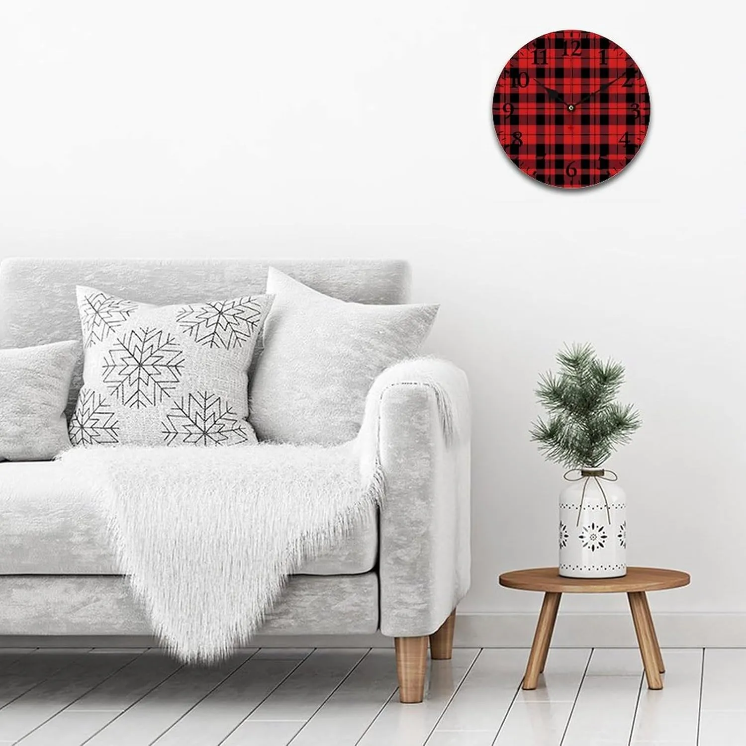 Buffalo Scottish Tartan Plaid Checkered Wall Clock Silent Non-Ticking Battery Operated Wooden Clock Decoration for Home Office Living Room