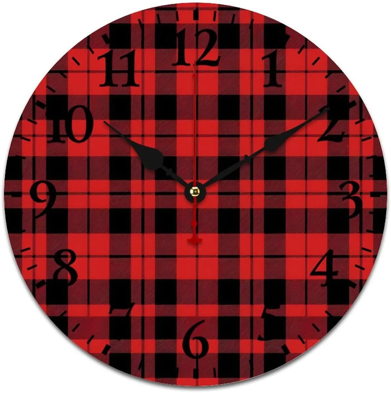Buffalo Scottish Tartan Plaid Checkered Wall Clock Silent Non-Ticking Battery Operated Wooden Clock Decoration for Home Office Living Room
