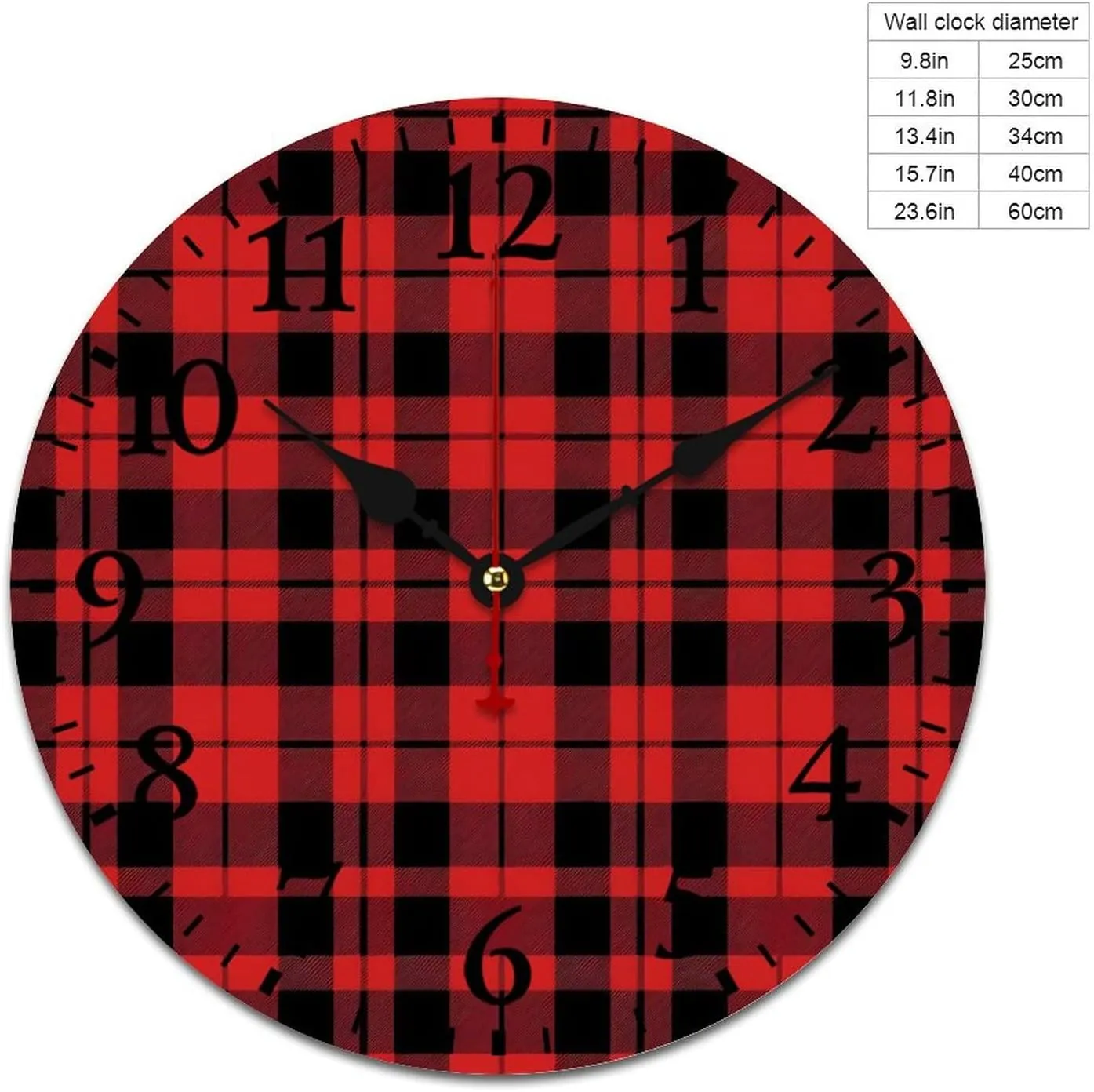 Buffalo Scottish Tartan Plaid Checkered Wall Clock Silent Non-Ticking Battery Operated Wooden Clock Decoration for Home Office Living Room