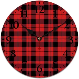 Buffalo Scottish Tartan Plaid Checkered Wall Clock Silent Non-Ticking Battery Operated Wooden Clock Decoration for Home Office Living Room