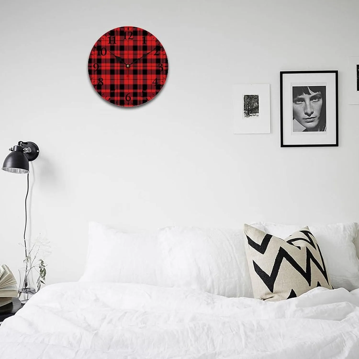 Buffalo Scottish Tartan Plaid Checkered Wall Clock Silent Non-Ticking Battery Operated Wooden Clock Decoration for Home Office Living Room
