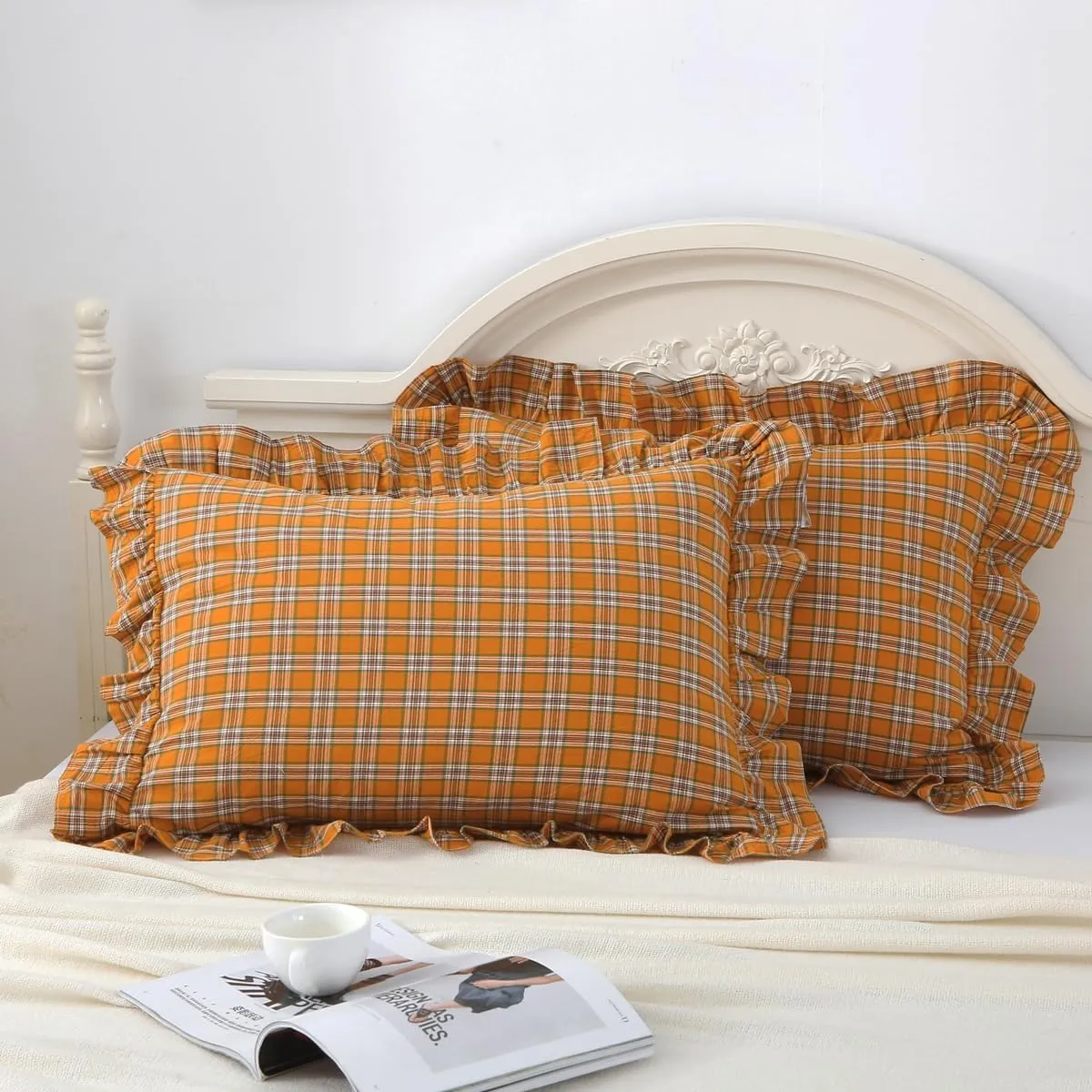 Burnt Orange Tartan Plaid Ruffle Pillow Covers King Size Set of 2,Washed Cotton Shabby Checkered Pillow Cases-20 x36 inches