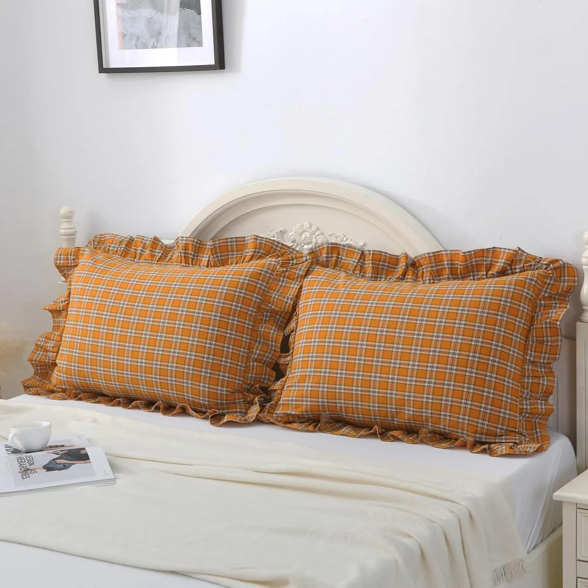 Burnt Orange Tartan Plaid Ruffle Pillow Covers King Size Set of 2,Washed Cotton Shabby Checkered Pillow Cases-20 x36 inches