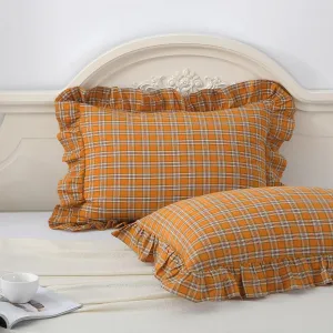 Burnt Orange Tartan Plaid Ruffle Pillow Covers King Size Set of 2,Washed Cotton Shabby Checkered Pillow Cases-20 x36 inches