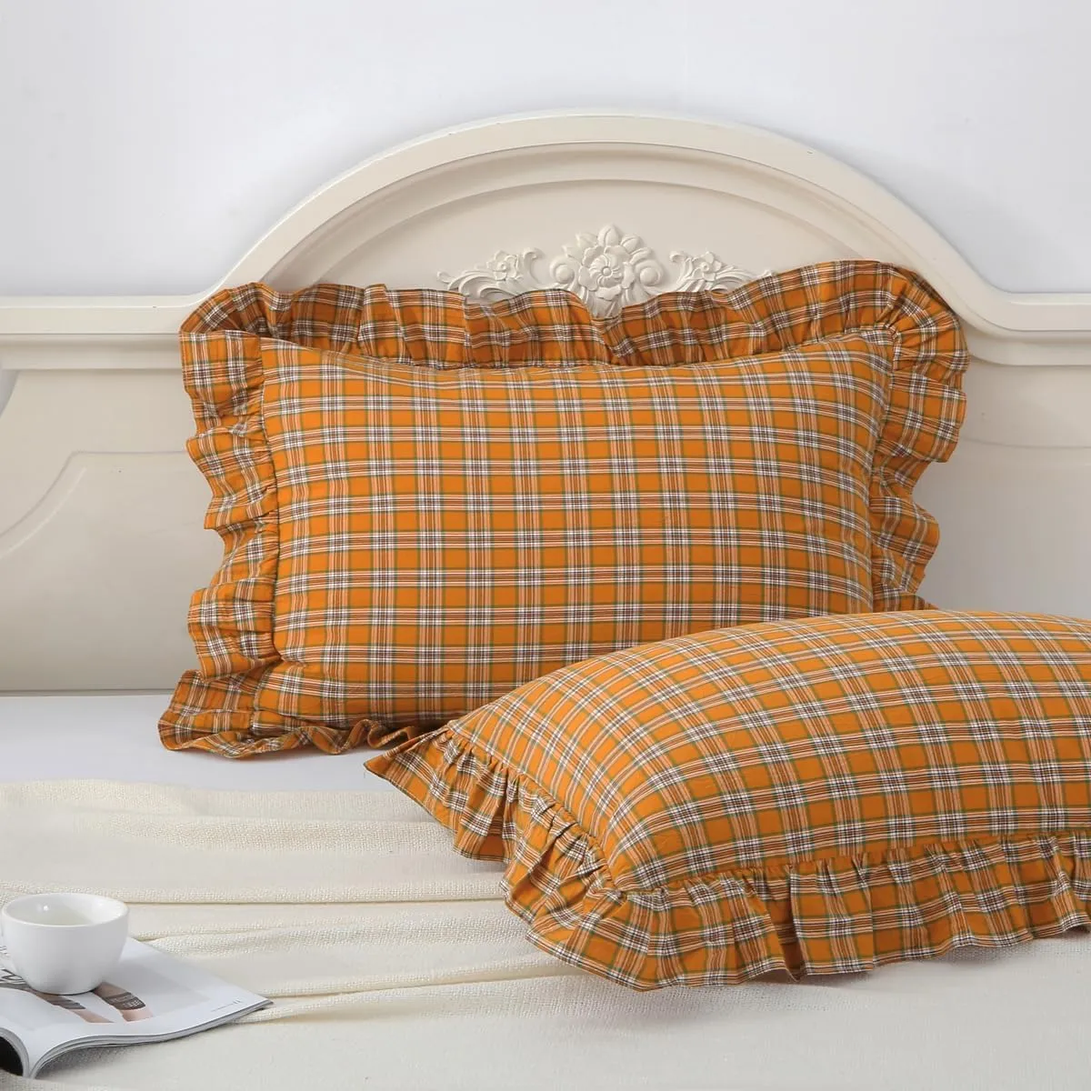 Burnt Orange Tartan Plaid Ruffle Pillow Covers King Size Set of 2,Washed Cotton Shabby Checkered Pillow Cases-20 x36 inches