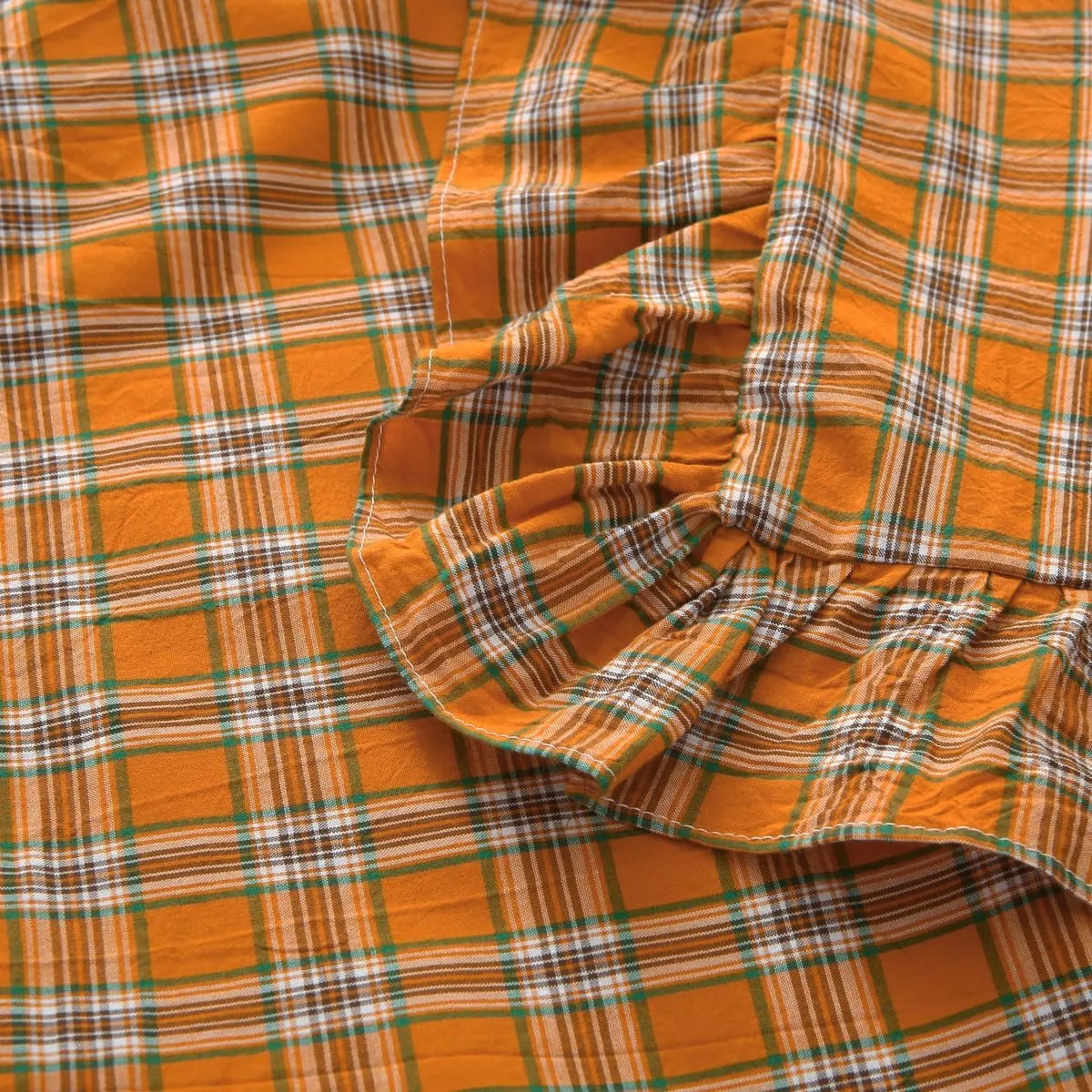 Burnt Orange Tartan Plaid Ruffle Pillow Covers King Size Set of 2,Washed Cotton Shabby Checkered Pillow Cases-20 x36 inches