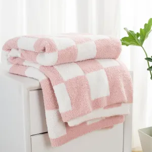 Carriediosa Checkered Throw Blanket 50" X 60", 400GSM Ultra Soft Microfiber Fuzzy Fluffy Reversible Cute Preppy Knitted Blankets Cozy Plush Fall Throws for Couch, Bed, Sofa, Dusty Pink