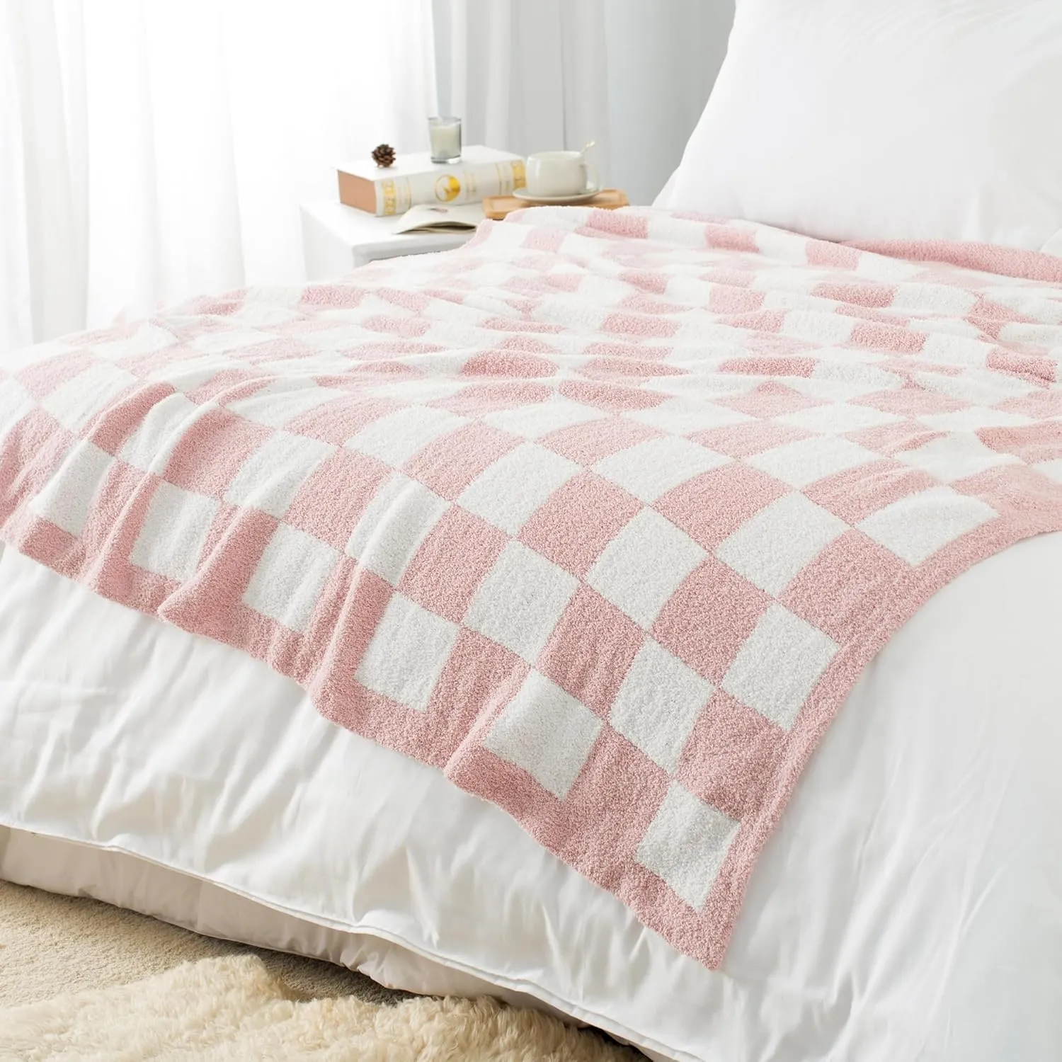 Carriediosa Checkered Throw Blanket 50" X 60", 400GSM Ultra Soft Microfiber Fuzzy Fluffy Reversible Cute Preppy Knitted Blankets Cozy Plush Fall Throws for Couch, Bed, Sofa, Dusty Pink