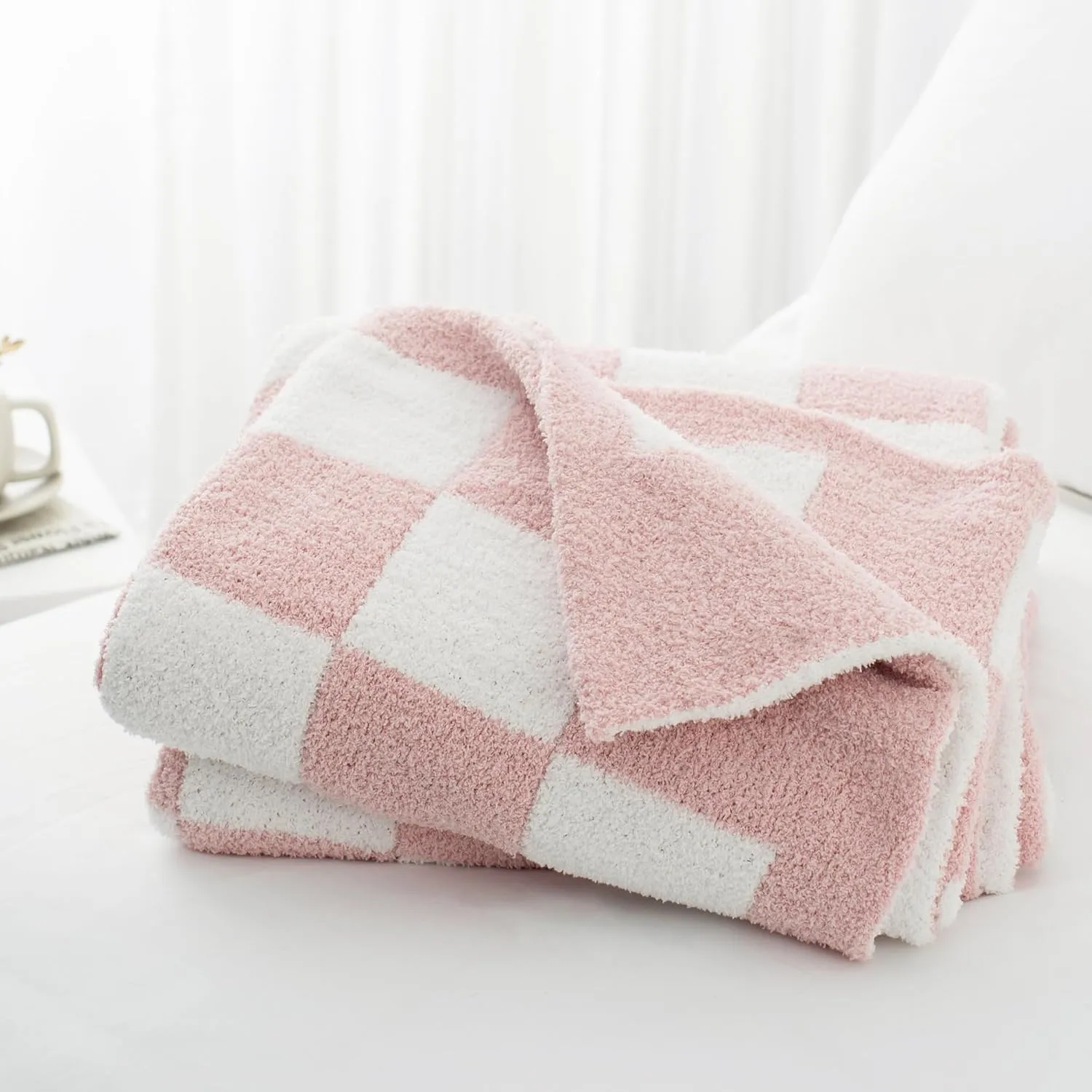 Carriediosa Checkered Throw Blanket 50" X 60", 400GSM Ultra Soft Microfiber Fuzzy Fluffy Reversible Cute Preppy Knitted Blankets Cozy Plush Fall Throws for Couch, Bed, Sofa, Dusty Pink