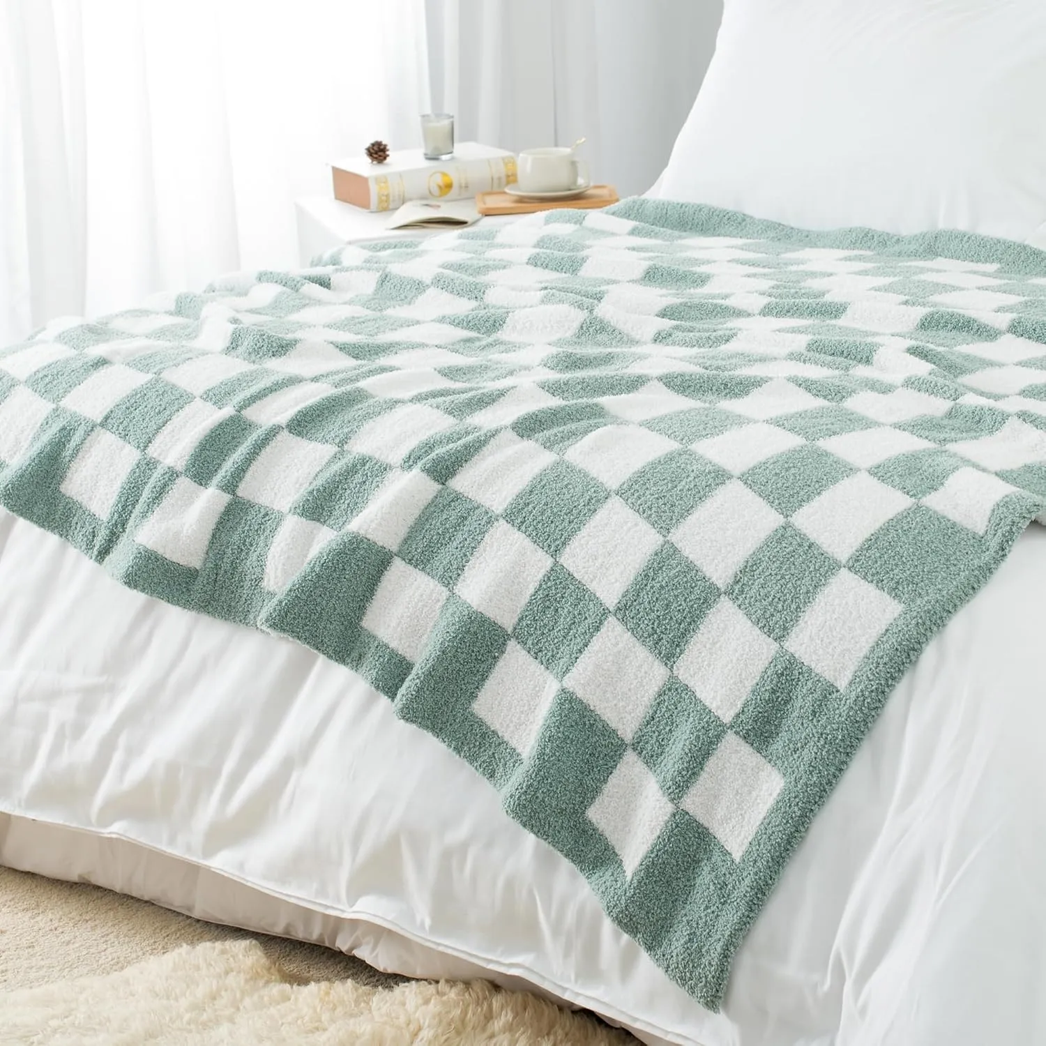 Carriediosa Checkered Throw Blanket 50" X 60", 400GSM Ultra Soft Microfiber Fuzzy Fluffy Reversible Cute Preppy Knitted Blankets Cozy Plush Fall Throws for Couch, Bed, Sofa, Sage Green
