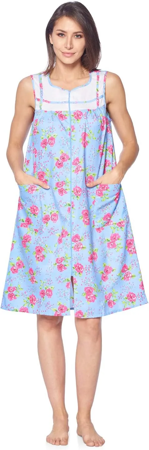 Casual Nights Women's Zip Up House Dress Sleeveless Duster Robe Housecoat Sleep Lounger