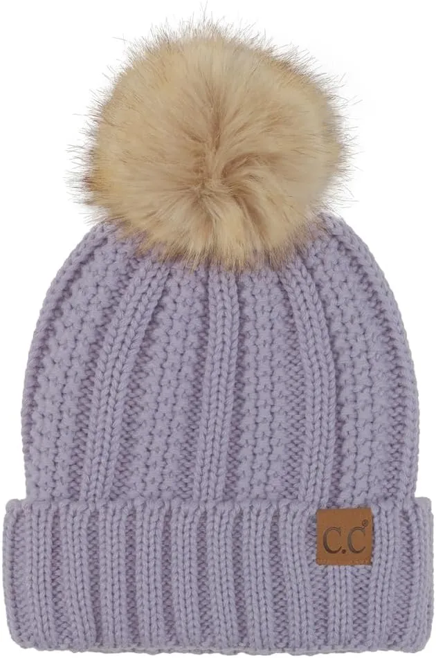 C.C Thick Cable Knit Faux Fuzzy Fur Pom Fleece Lined Skull Cap Cuff Beanie