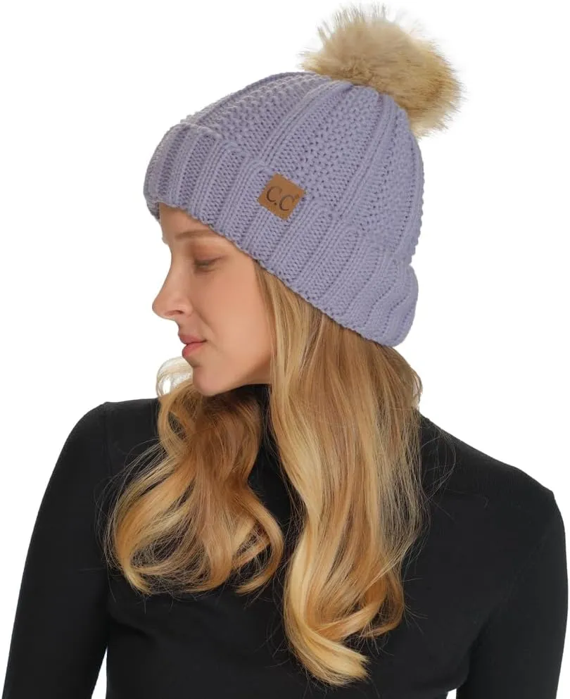 C.C Thick Cable Knit Faux Fuzzy Fur Pom Fleece Lined Skull Cap Cuff Beanie