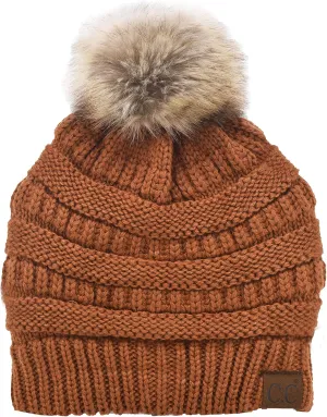 C.C Trendy Fuzzy Fleece Lined Warm Soft Stretch Cable Knit Ribbed Faux Fur Pom Skull Cap Cuff Beanie Hat