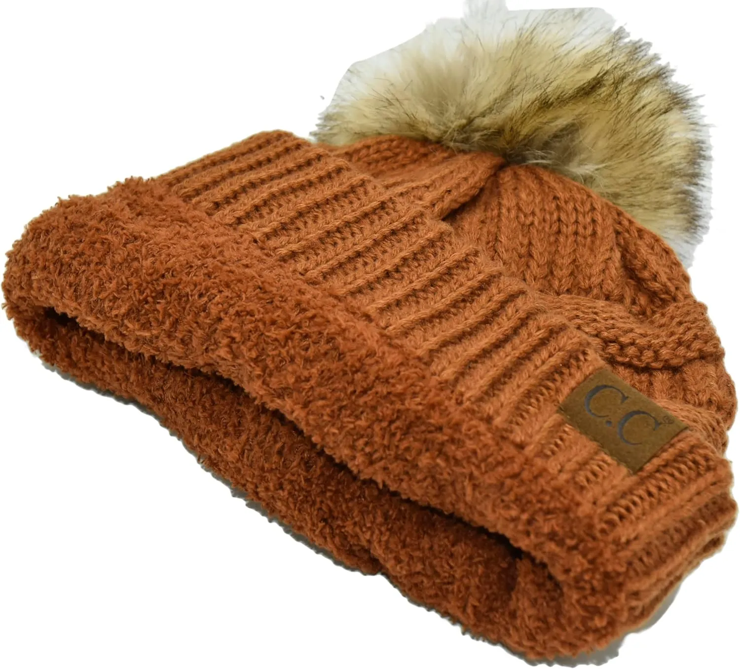 C.C Trendy Fuzzy Fleece Lined Warm Soft Stretch Cable Knit Ribbed Faux Fur Pom Skull Cap Cuff Beanie Hat