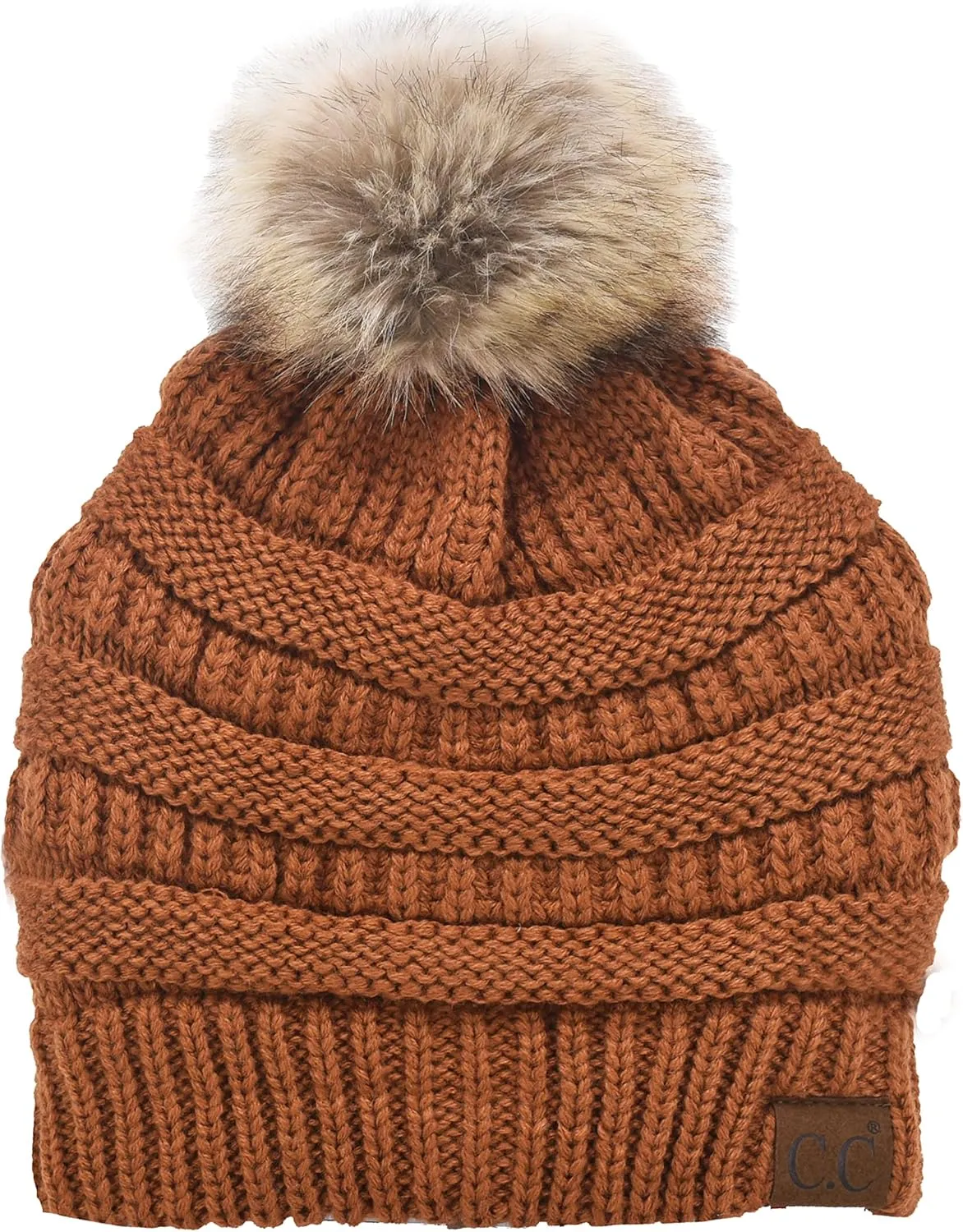 C.C Trendy Fuzzy Fleece Lined Warm Soft Stretch Cable Knit Ribbed Faux Fur Pom Skull Cap Cuff Beanie Hat