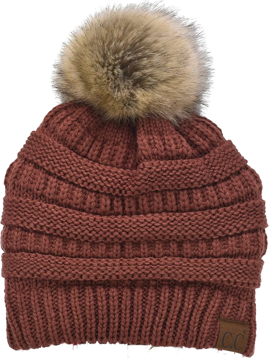 C.C Trendy Fuzzy Fleece Lined Warm Soft Stretch Cable Knit Ribbed Faux Fur Pom Skull Cap Cuff Beanie Hat