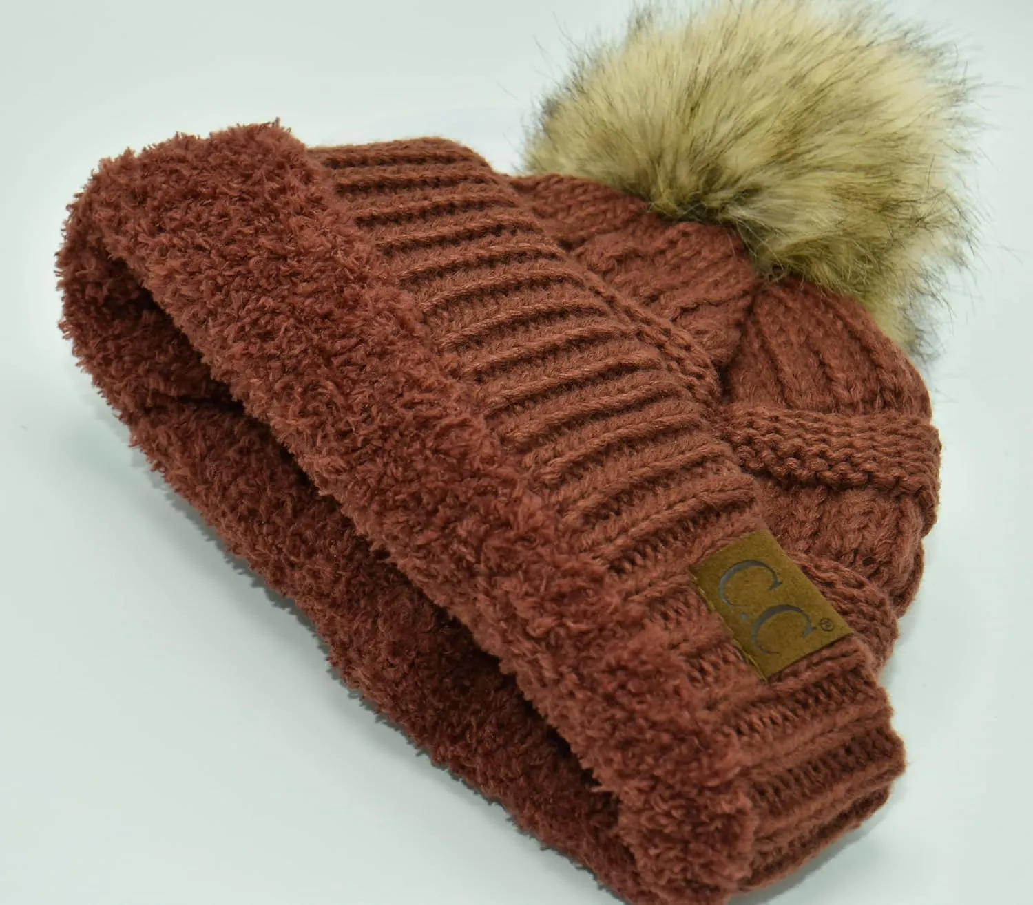 C.C Trendy Fuzzy Fleece Lined Warm Soft Stretch Cable Knit Ribbed Faux Fur Pom Skull Cap Cuff Beanie Hat