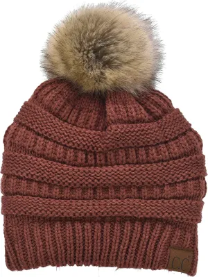 C.C Trendy Fuzzy Fleece Lined Warm Soft Stretch Cable Knit Ribbed Faux Fur Pom Skull Cap Cuff Beanie Hat