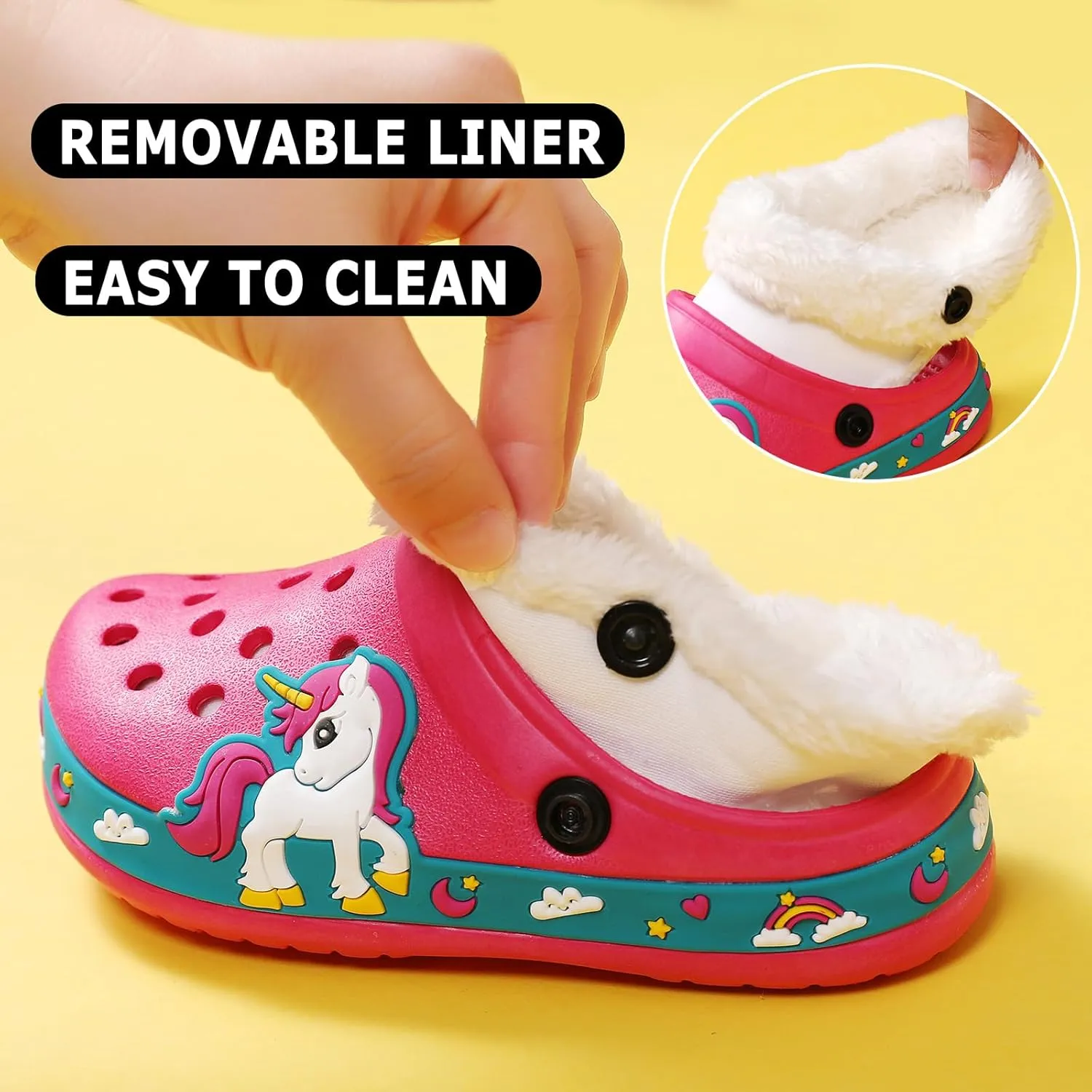 CERYTHRINA Toddler Lined Clog Garden Little Kids Faux Fur Garden Slippers Boys Girls Winter Warm Slip On House Shoes Cartoon Slides Sneakers