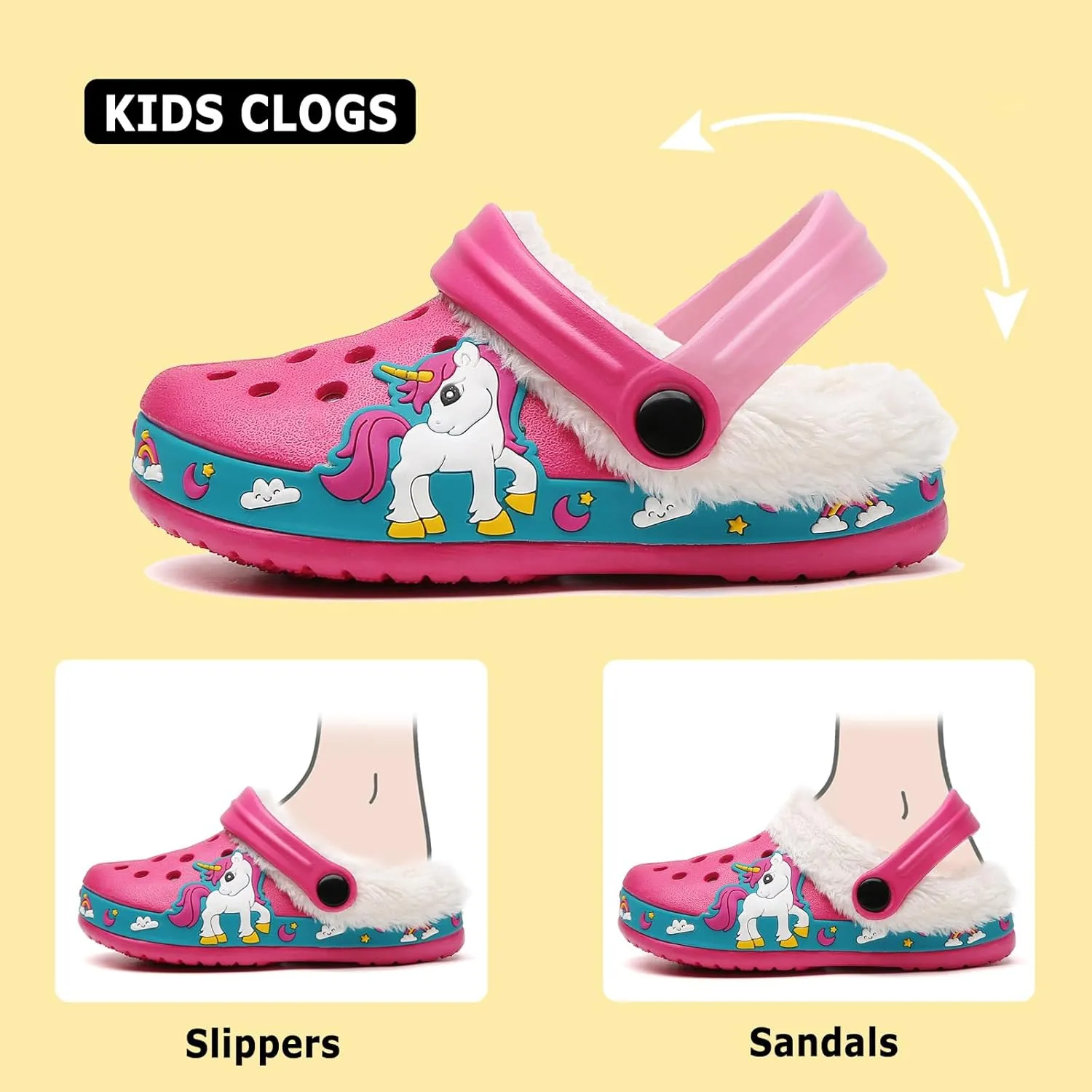 CERYTHRINA Toddler Lined Clog Garden Little Kids Faux Fur Garden Slippers Boys Girls Winter Warm Slip On House Shoes Cartoon Slides Sneakers