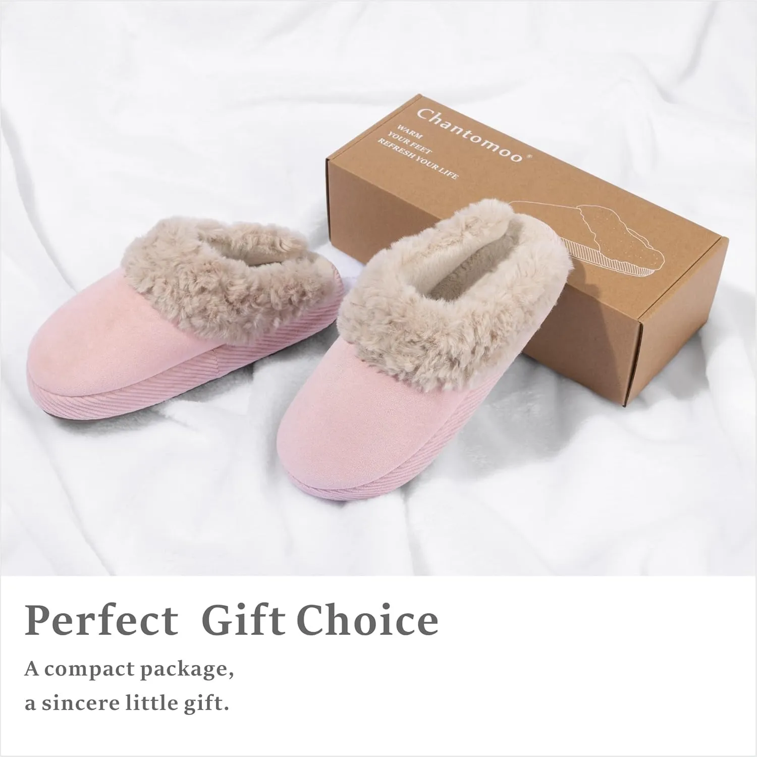 Chantomoo Slippers for Women Memory Foam House Shoes Faux Suede Upper Rubber Sole Faux Fur Lining Warm Comfy Indoor Fuzzy