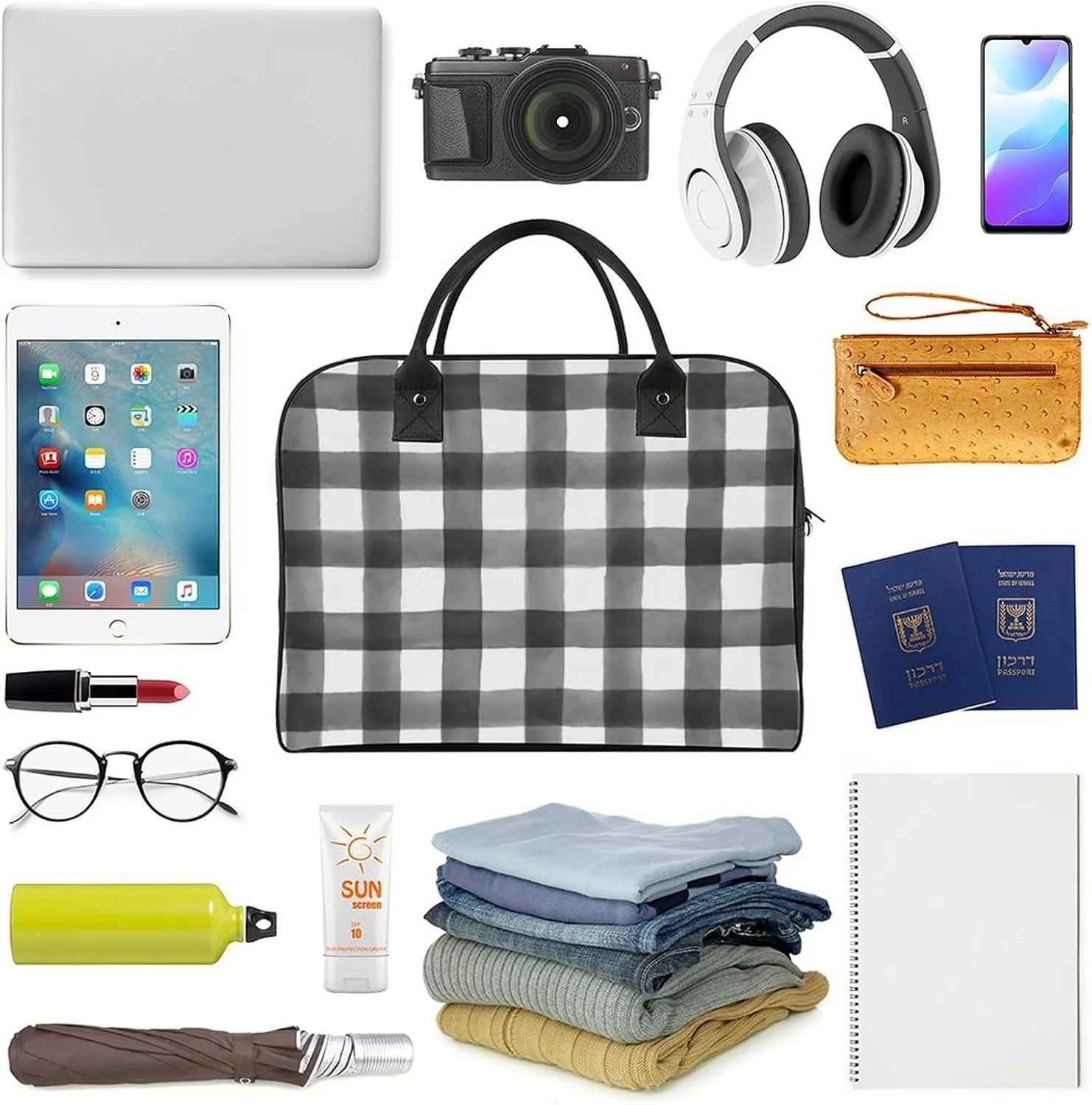 Checkered Black And White Fashionable Large Capacity Travel Handbag Unisex